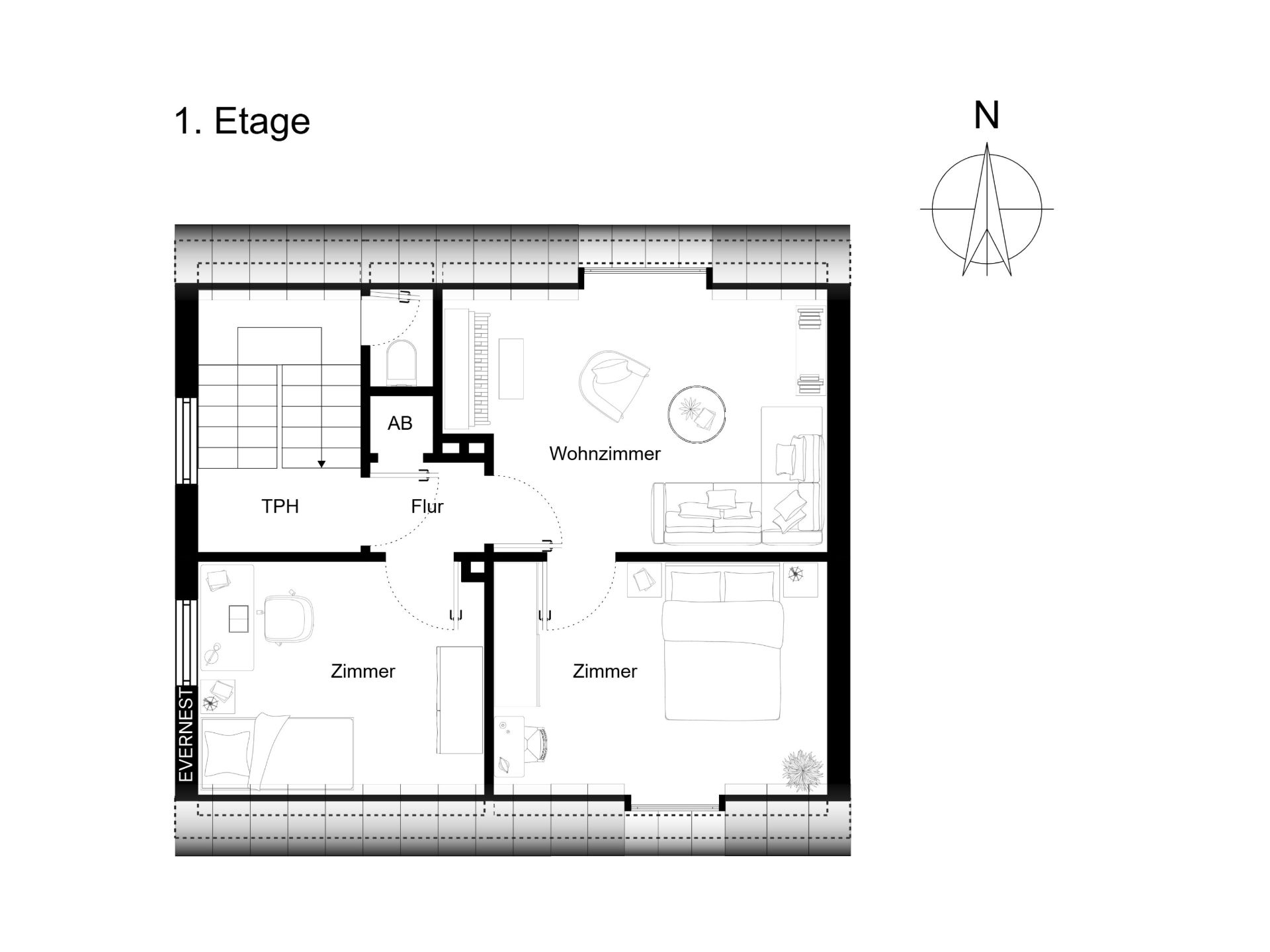 Grundriss der ersten Etage mit Wohnzimmer, Flur und zwei Zimmern.