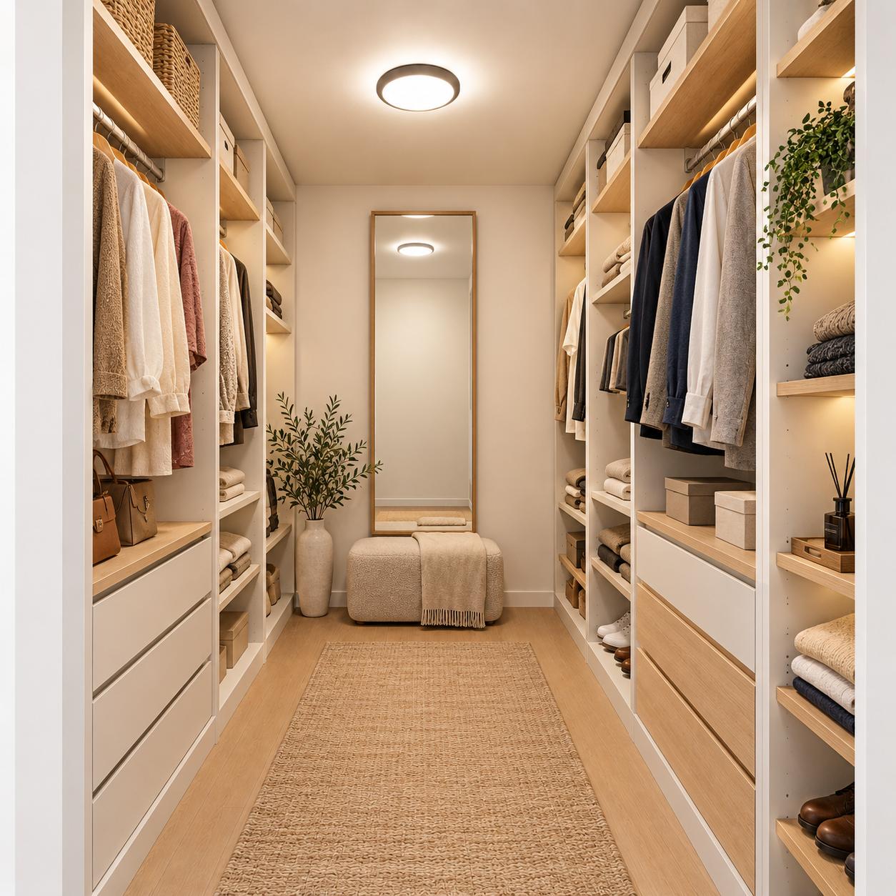 Moderner begehbarer Kleiderschrank mit Regalen, Kleidung, Spiegel und Hocker.