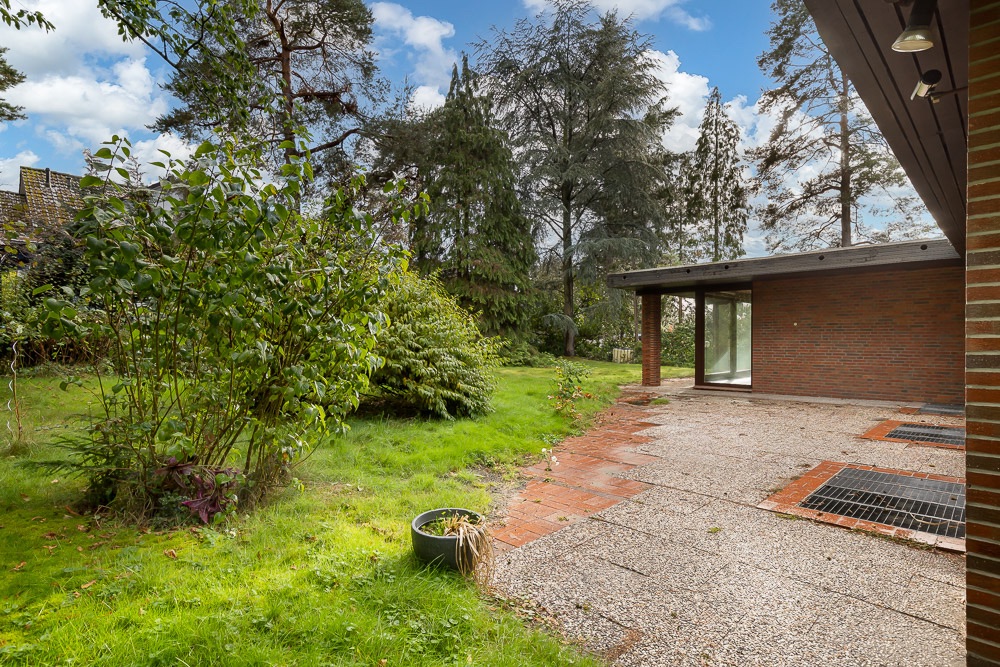 Garten mit Rasen, Pflanzen und Terrasse neben einem Backsteinhaus bei Tageslicht.