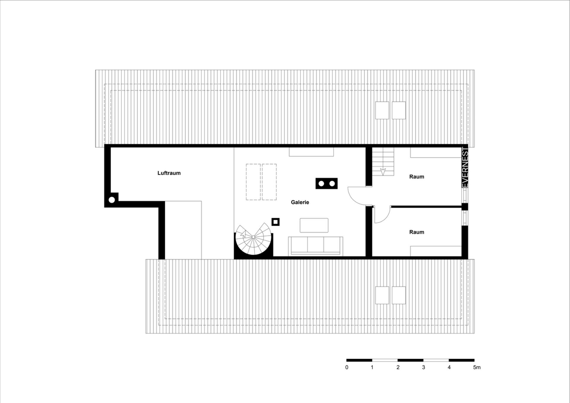Grundriss eines Obergeschosses mit Galerie, zwei Räumen und einer Wendeltreppe.