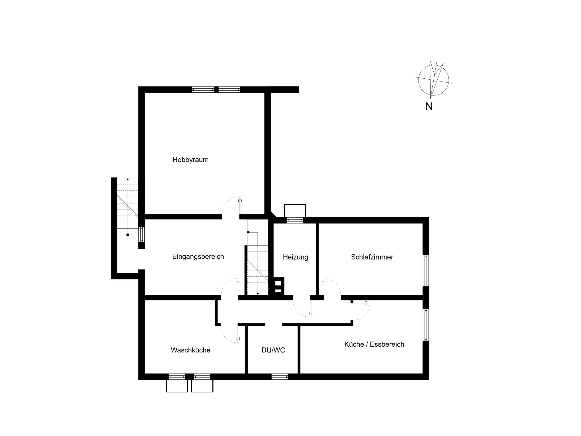 Grundriss mit Hobbyraum, Schlafzimmer, Küche, Eingangsbereich, Waschküche und Heizung.
