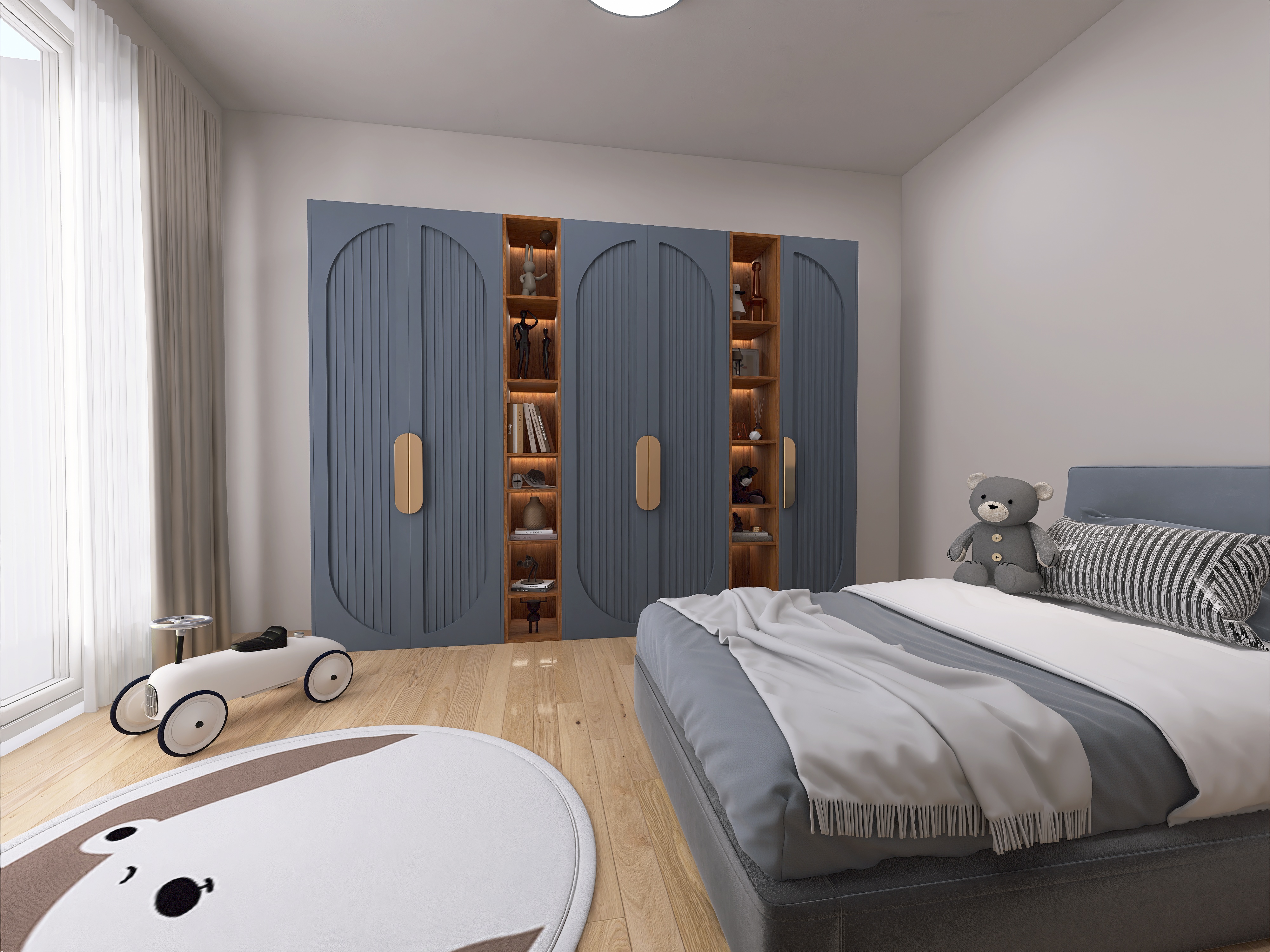 Modernes Kinderzimmer mit grauem Bett, großem Schrank, Teppich und Spielzeugauto.