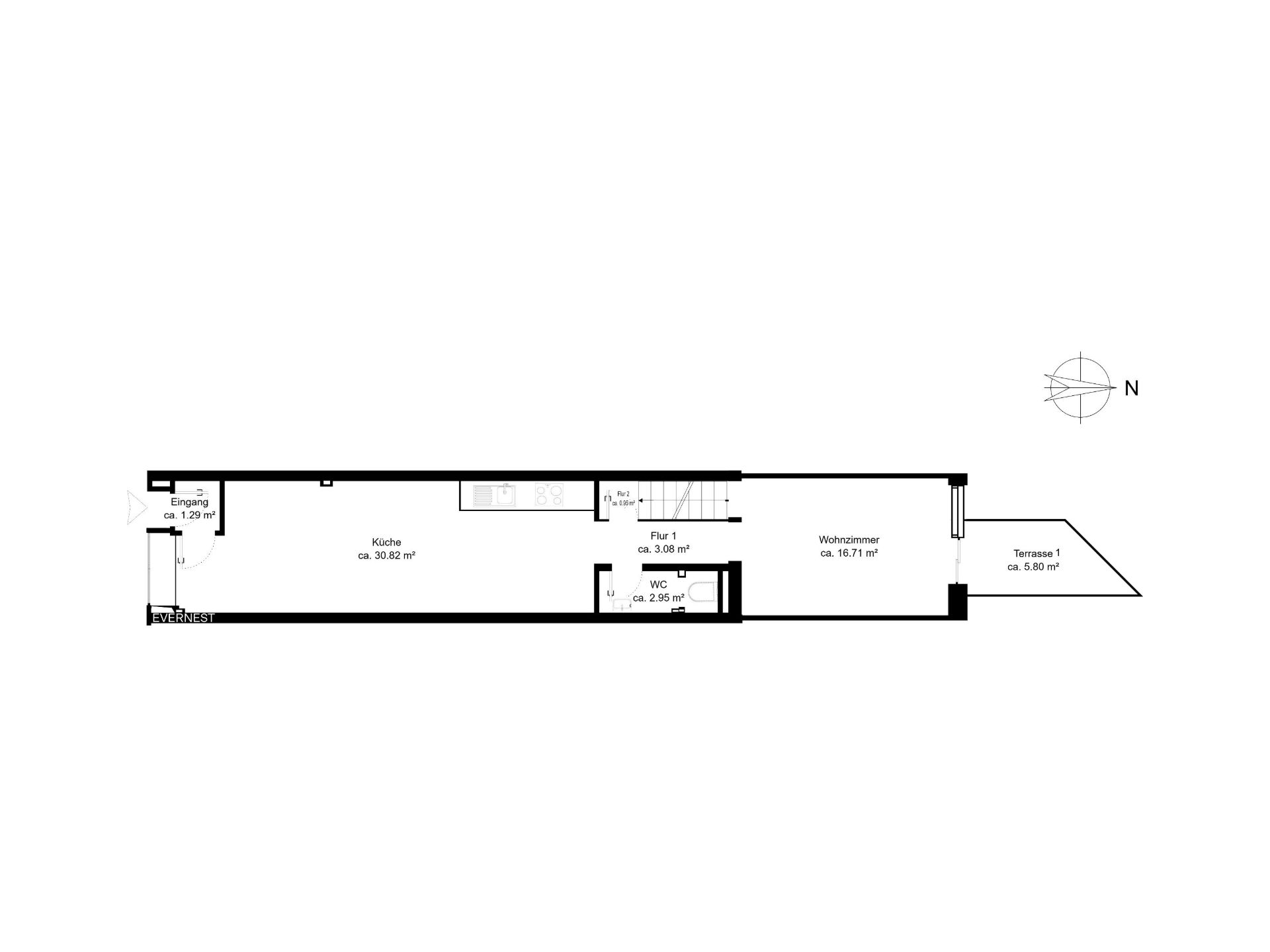 Grundriss mit Küche, Wohnzimmer, WC, Flur, Eingang und Terrasse, alles rechteckig angeordnet.