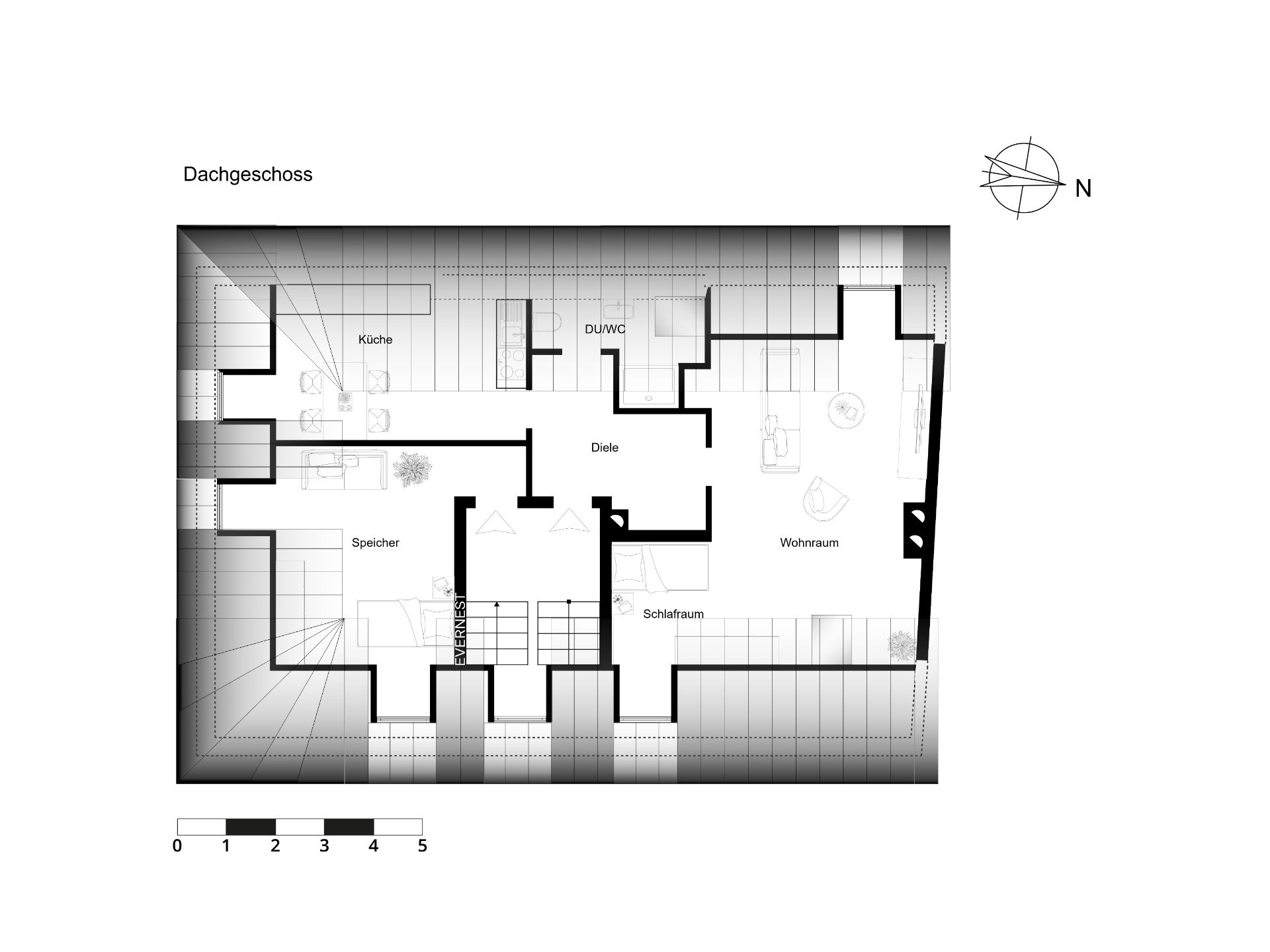 Grundriss des Dachgeschosses mit Küche, Wohnraum, Schlafzimmer, Speicher und Bad.