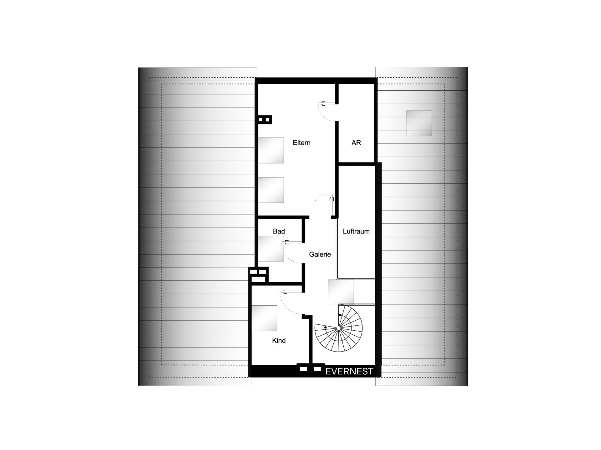 Grundriss mit Eltern-, Kind-, Bad-, Galerie- und Abstellraum sowie Treppe.