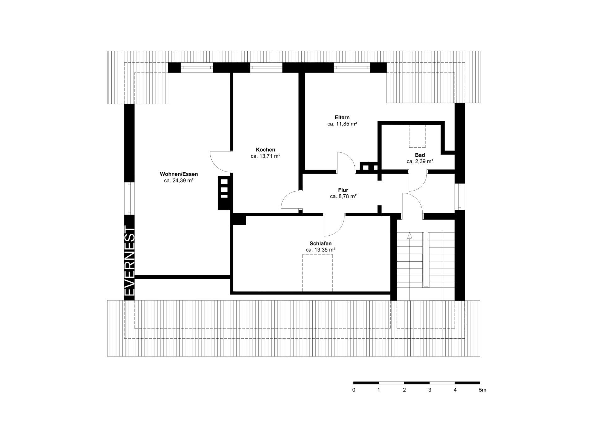 Grundriss einer Wohnung mit Wohnzimmer, Küche, Schlafzimmer, Elternzimmer, Bad und Flur.