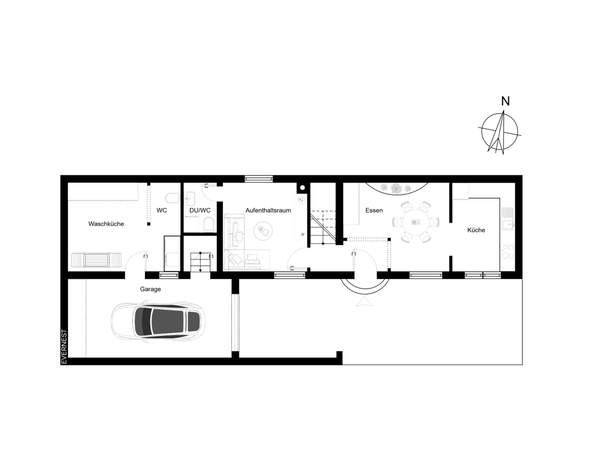 Grundriss eines Hauses mit Garage, Waschküche, Aufenthaltsraum, Küche und Essbereich.