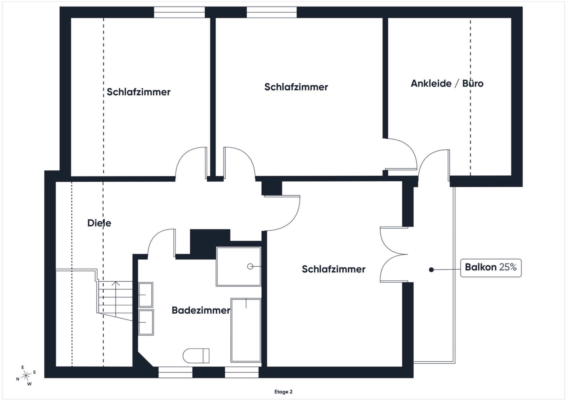 Grundriss mit drei Schlafzimmern, Ankleide/Büro, Badezimmer, Diele und Balkon.