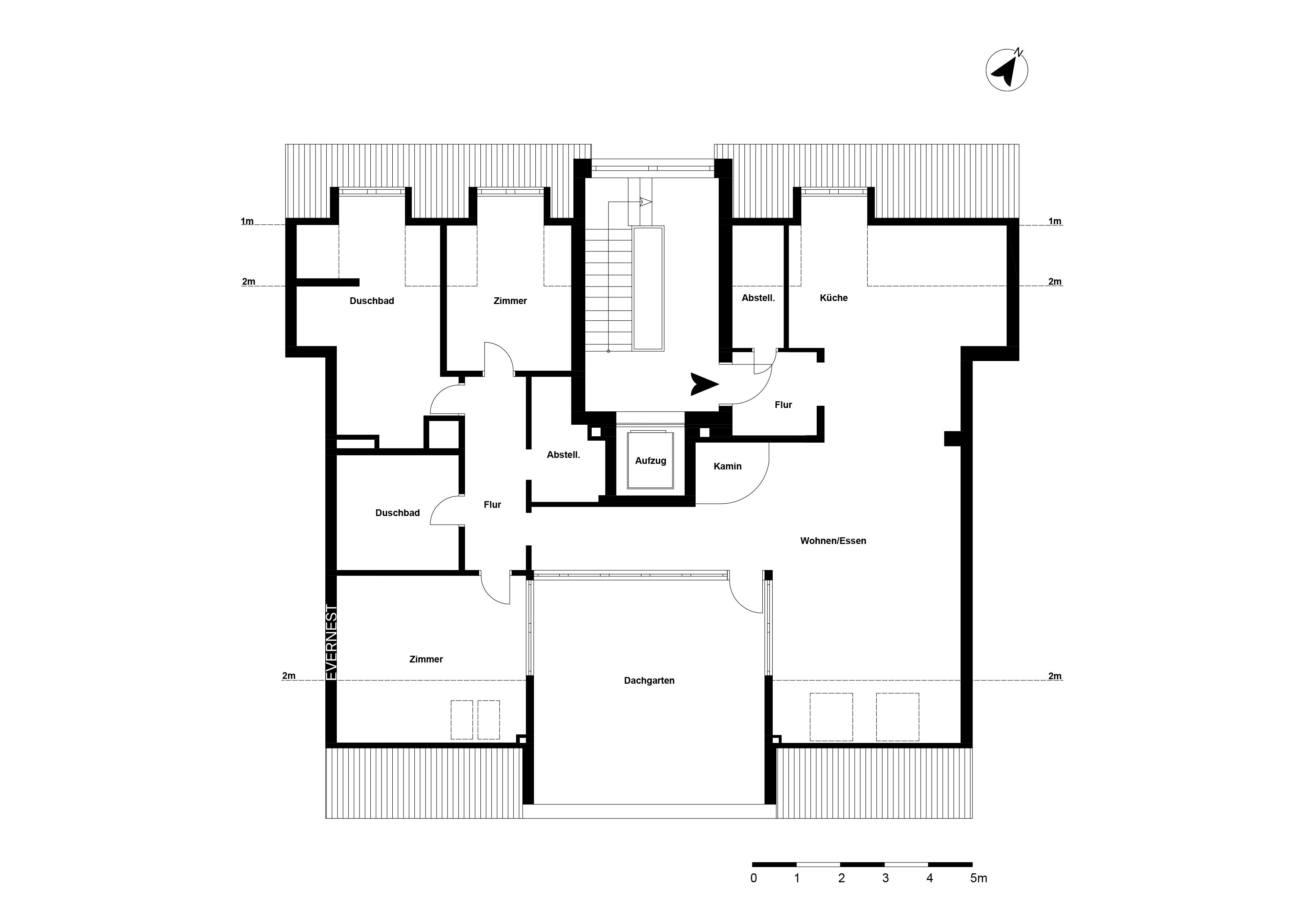 Grundriss einer Wohnung mit Küche, Wohnzimmer, Zimmern, Bädern und Dachgarten.