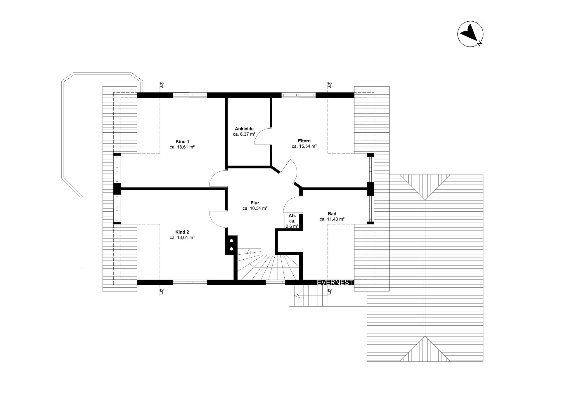 Grundriss mit zwei Kinderzimmern, Elternschlafzimmer, Ankleide, Bad, Flur und Abstellraum.