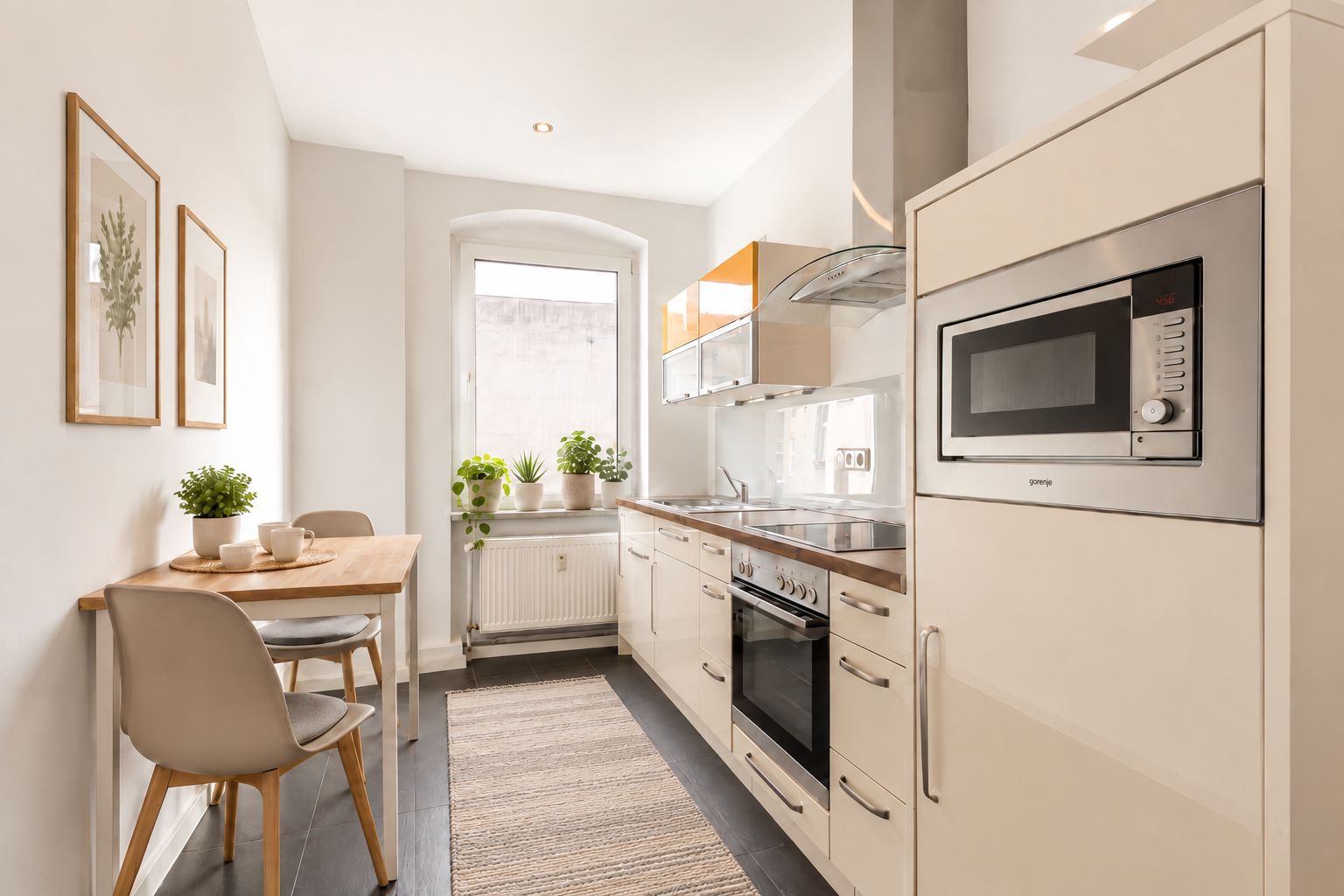Helle, moderne Küche mit Esstisch, zwei Stühlen, Backofen, Mikrowelle und Pflanzen am Fenster.