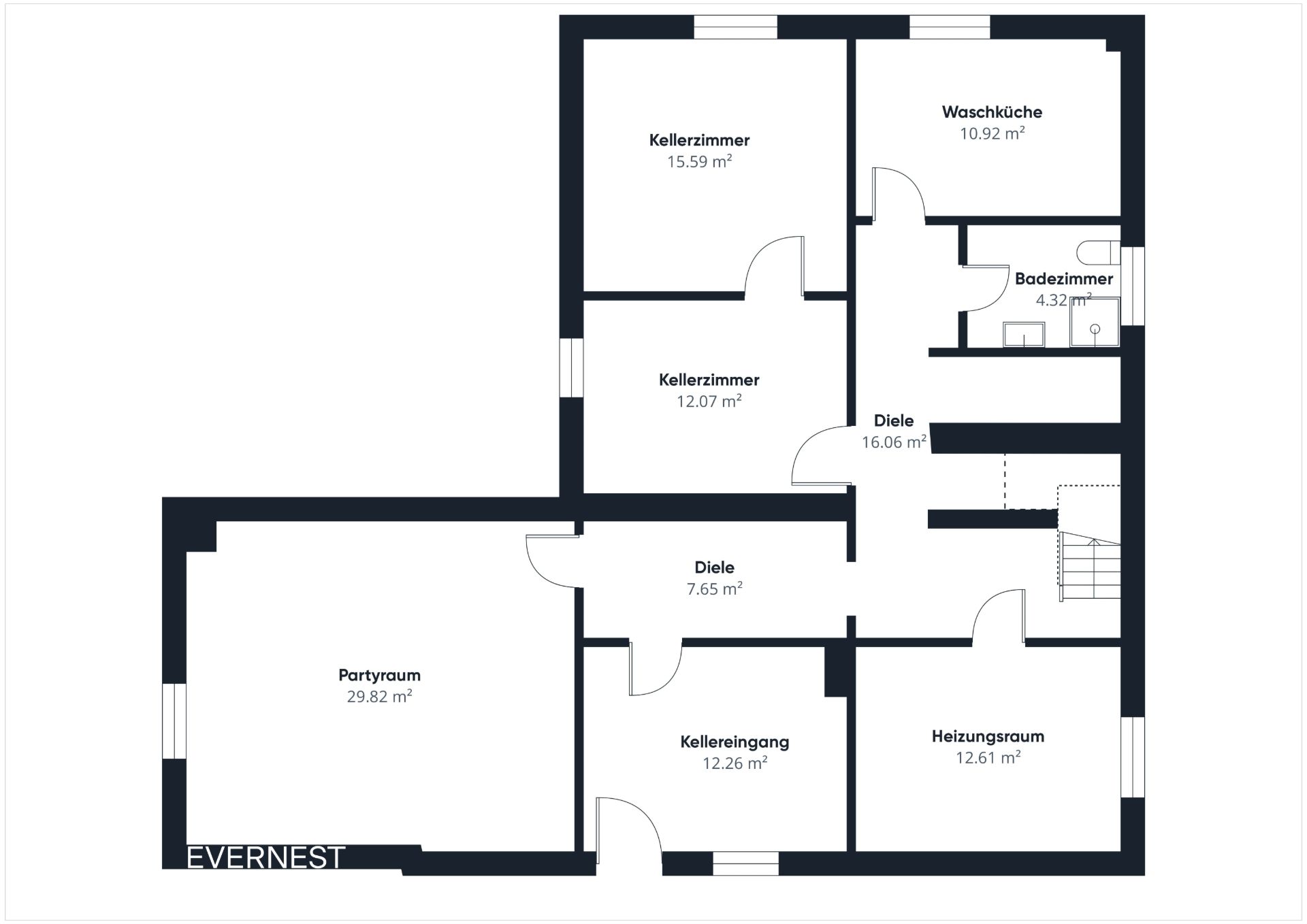 Grundriss eines Kellers mit Partykeller, Heizungsraum, Waschküche, Badezimmer und mehreren Kellerräumen.