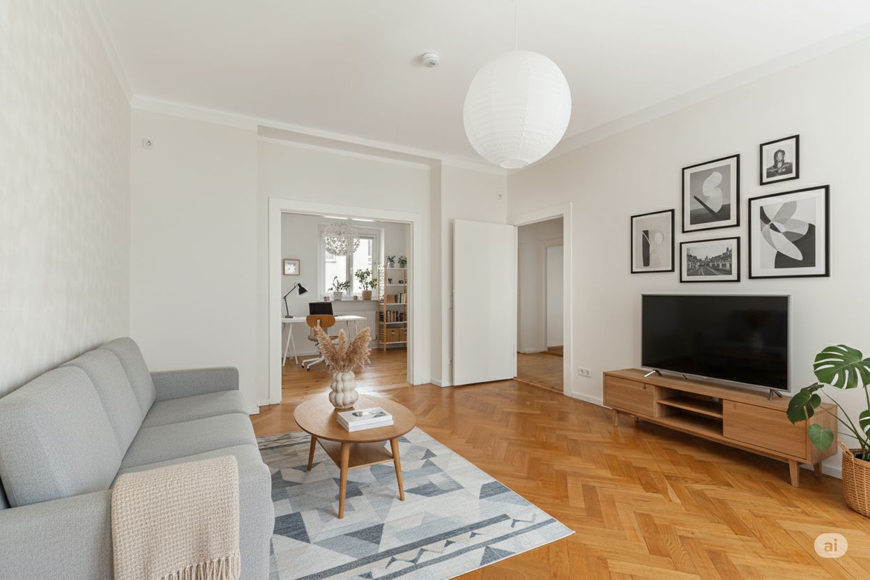 Wohnzimmer mit grauem Sofa, rundem Holztisch, Fernseher und Wandbildern auf Parkettboden.