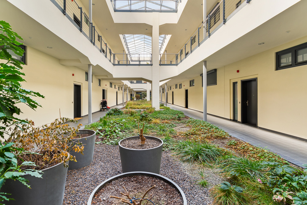 Offener Flur mit Pflanzenbeeten und mehreren Wohnungstüren, Tageslicht durch Glasdach.