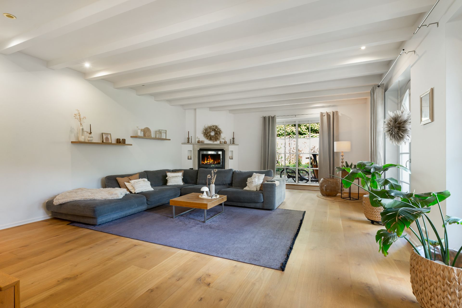 Helles Wohnzimmer mit Ecksofa, Kamin, Holzboden, großem Teppich und Pflanzen.