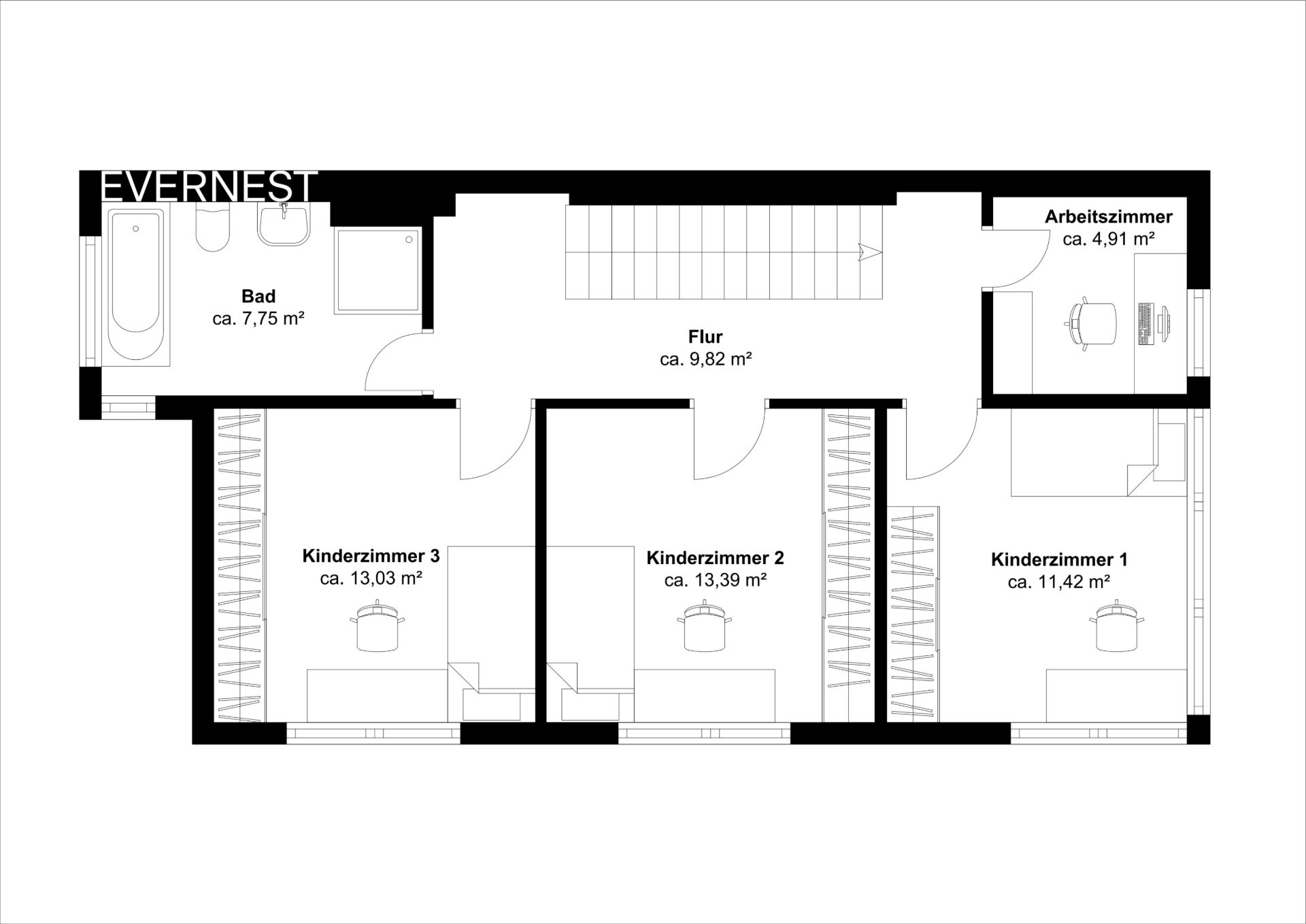 Grundriss mit drei Kinderzimmern, Bad, Flur und Arbeitszimmer.