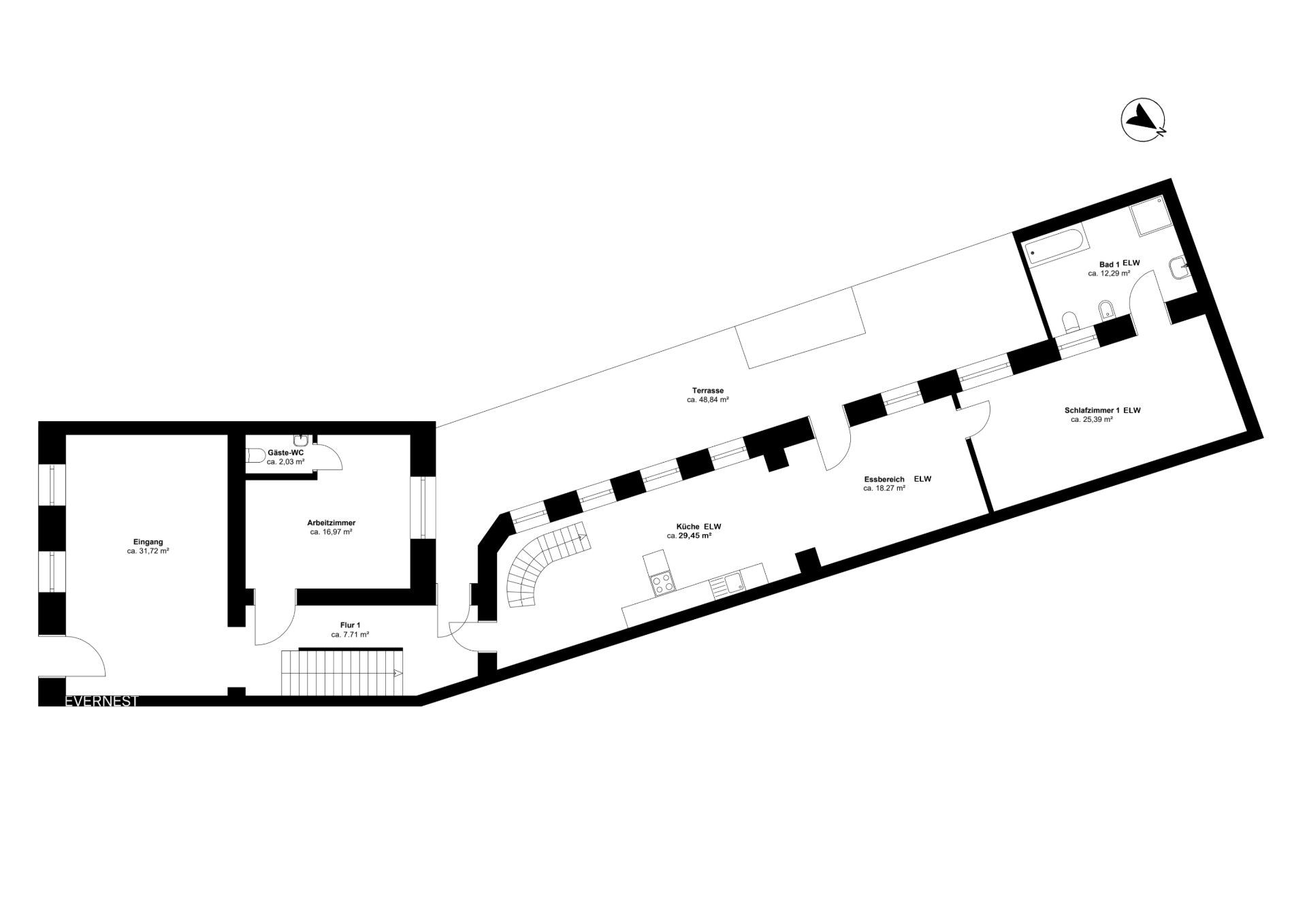 Grundriss mit Wohnzimmer, Küche, Esszimmer, Bad, Schlafzimmer, Terrasse und weiteren Zimmern.