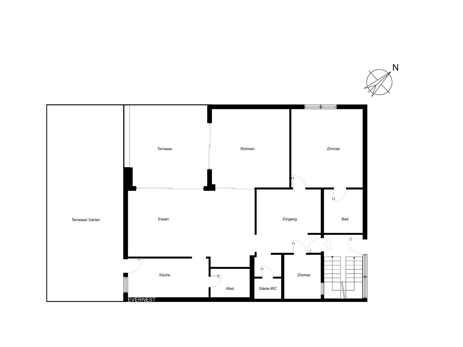 Grundriss einer Wohnung mit Küche, Essbereich, Wohnzimmer, zwei Zimmern, Bad und Terrasse.