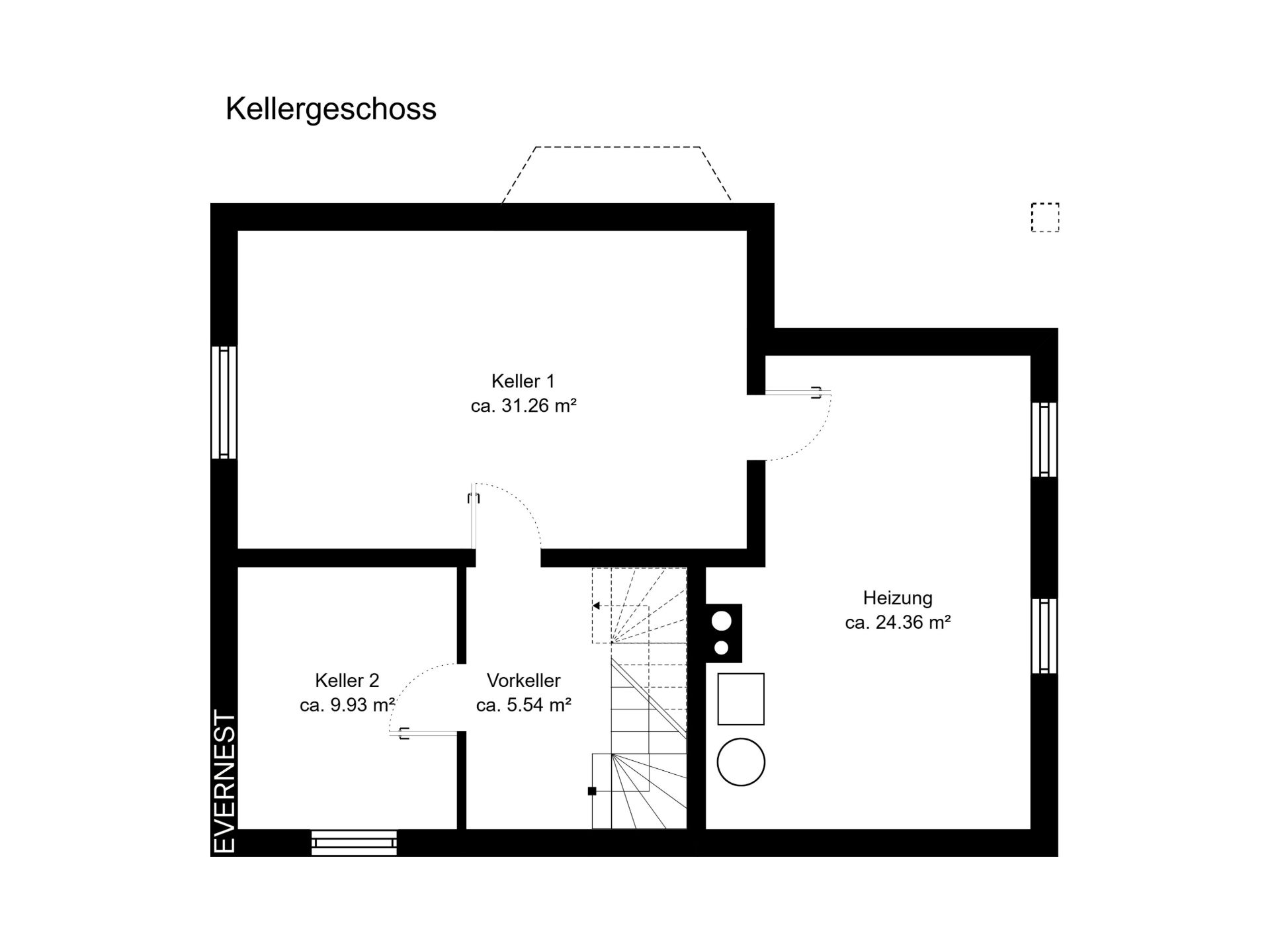 Grundriss des Kellergeschosses mit zwei Kellerräumen, Vorkeller und Heizungsraum.
