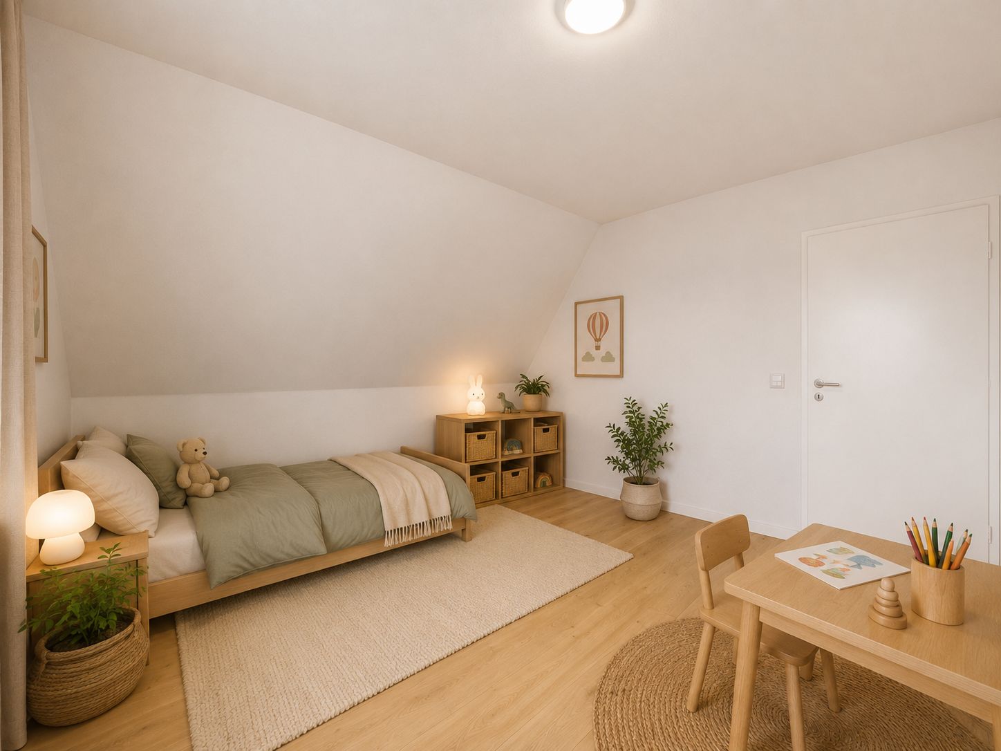 Helles Kinderzimmer mit Einzelbett, Schreibtisch, Pflanzen und Holzregal auf Holzboden.