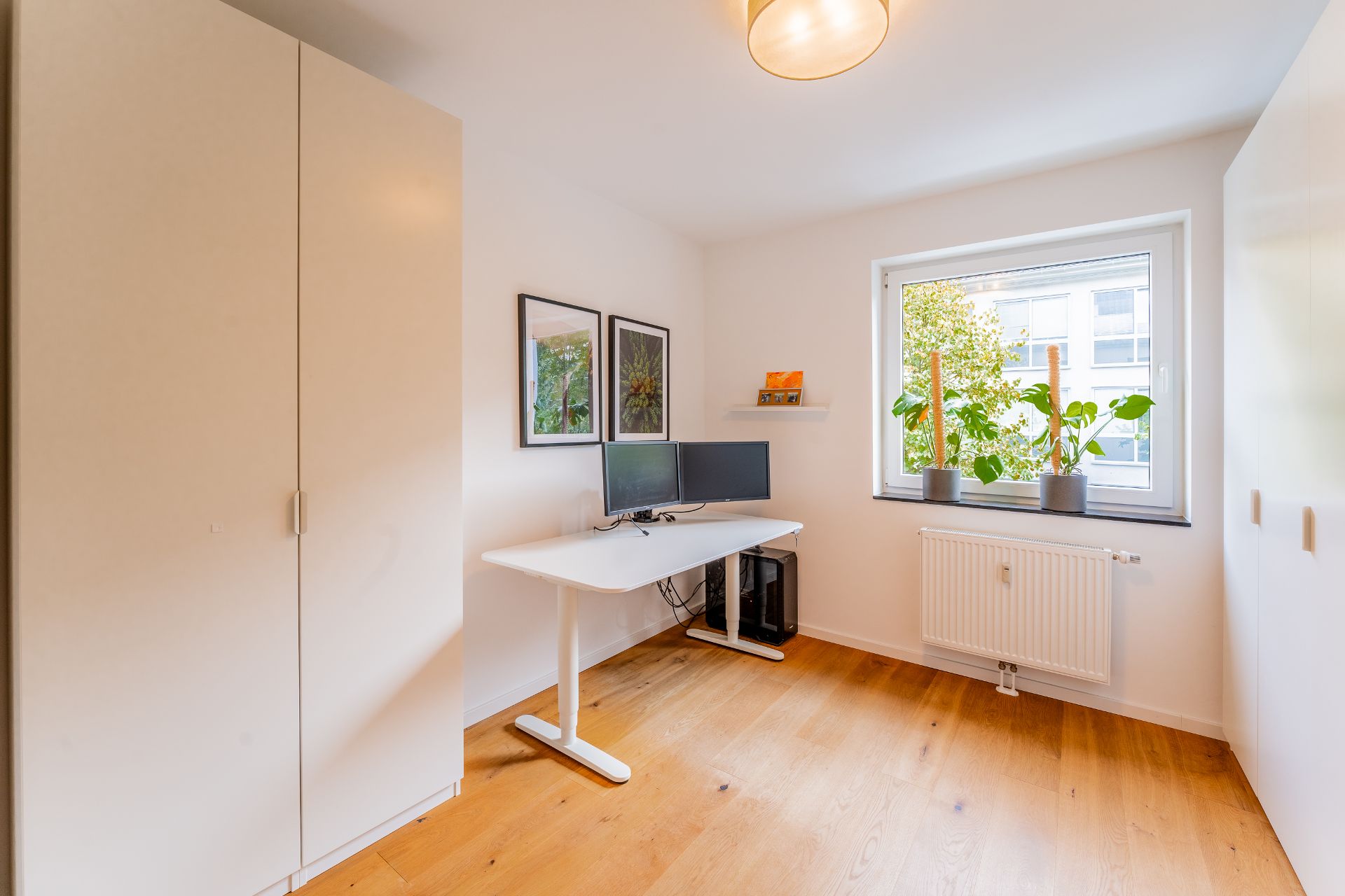 Helles Arbeitszimmer mit Schreibtisch, zwei Monitoren, Pflanzen am Fenster und Holzfußboden.