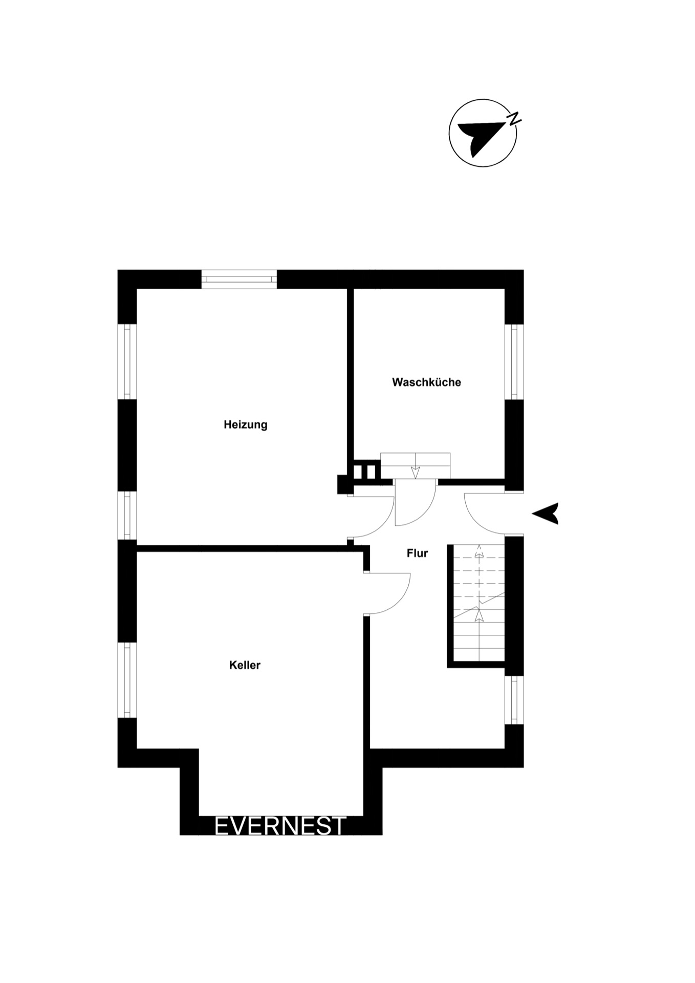 Grundriss zeigt Keller, Heizungsraum, Waschküche und Flur mit Treppenaufgang.