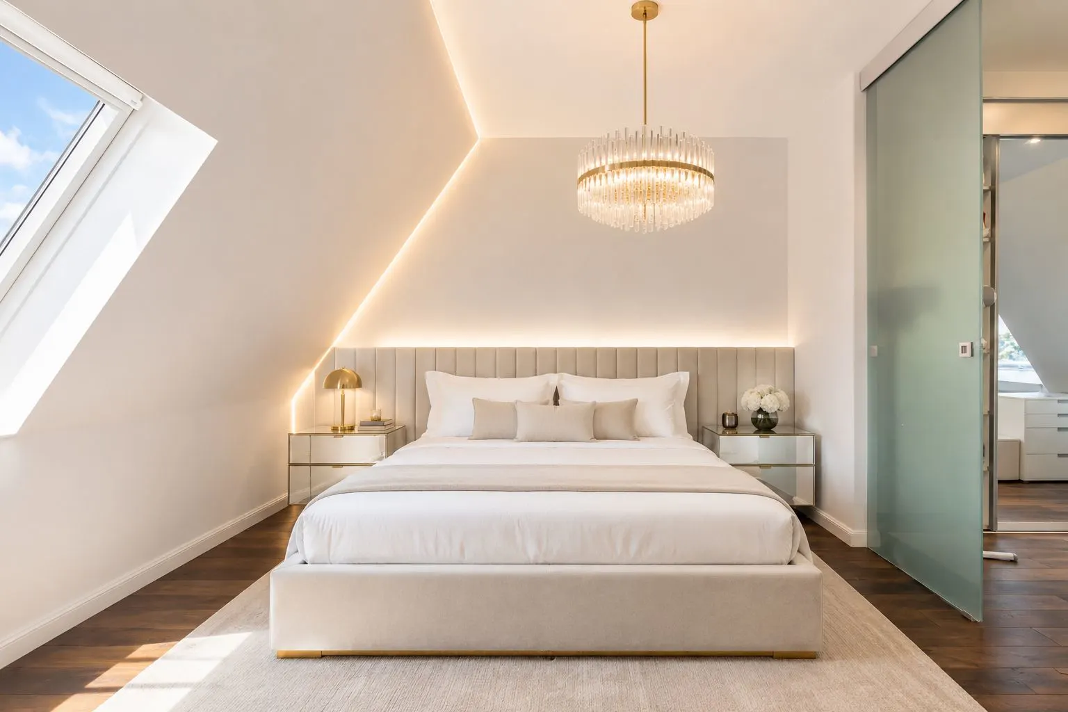 Modernes Schlafzimmer mit großem Bett, Kronleuchter und Dachfenster.