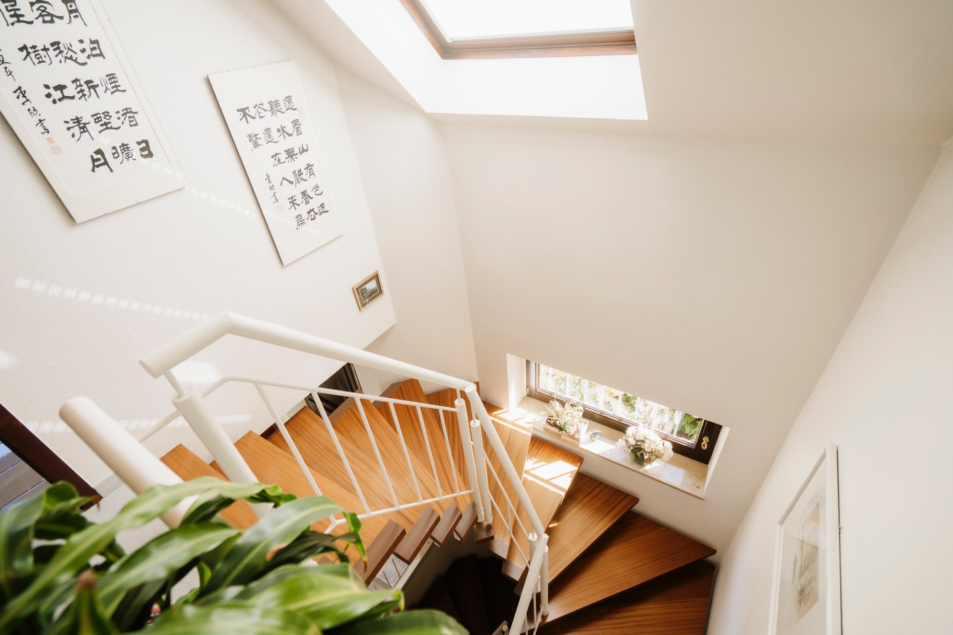 Helle Holztreppe mit weißen Geländern und Pflanzen, Fenster und Oberlicht, asiatische Wandkunst.
