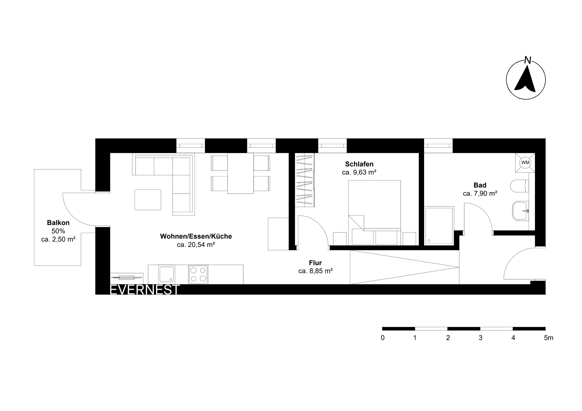 Grundriss einer Wohnung mit Balkon, Wohnküche, Schlafzimmer, Bad und Flur.