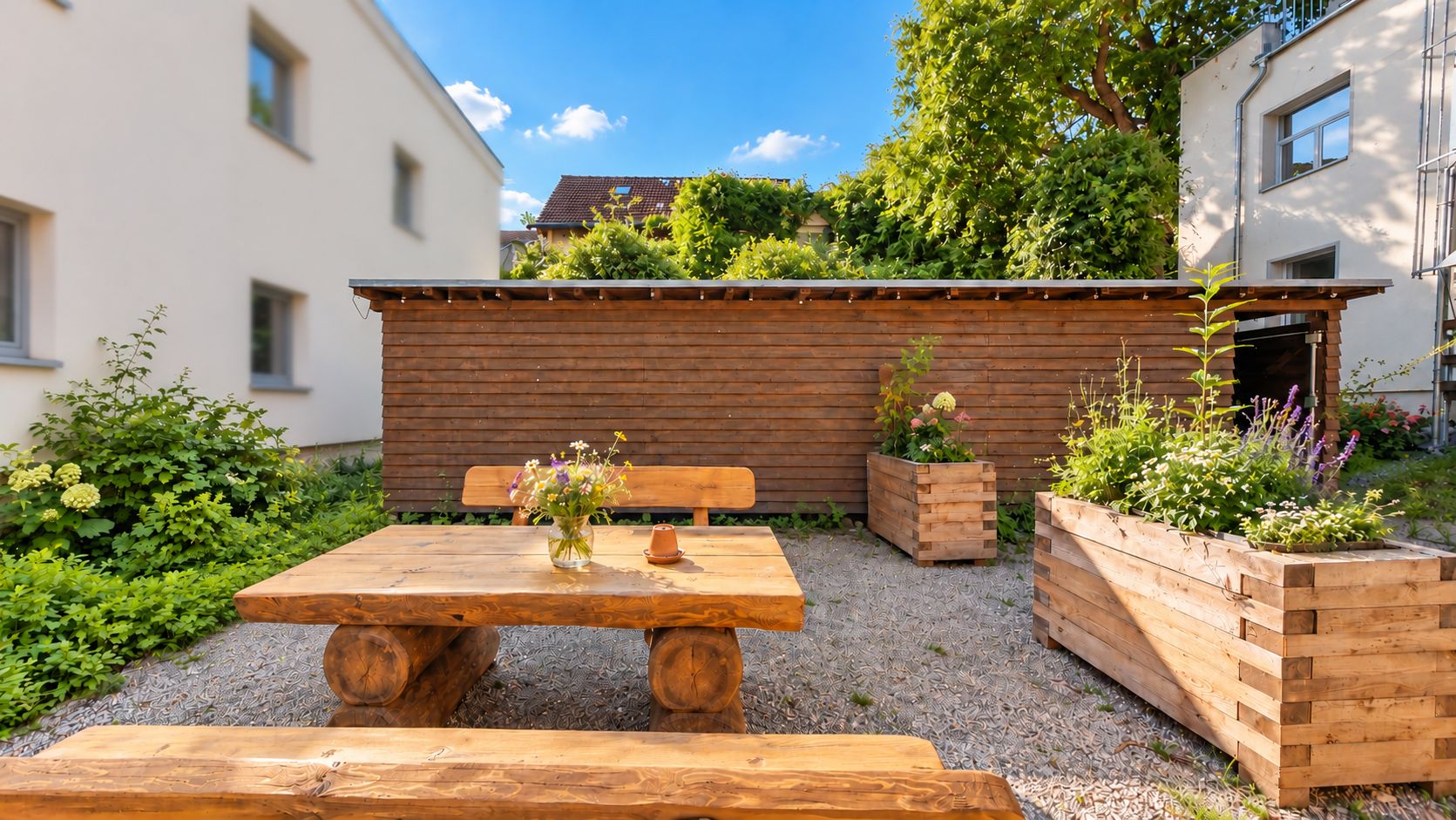 Holztisch mit zwei Bänken im Garten, umgeben von Blumenbeeten und Kiesboden.