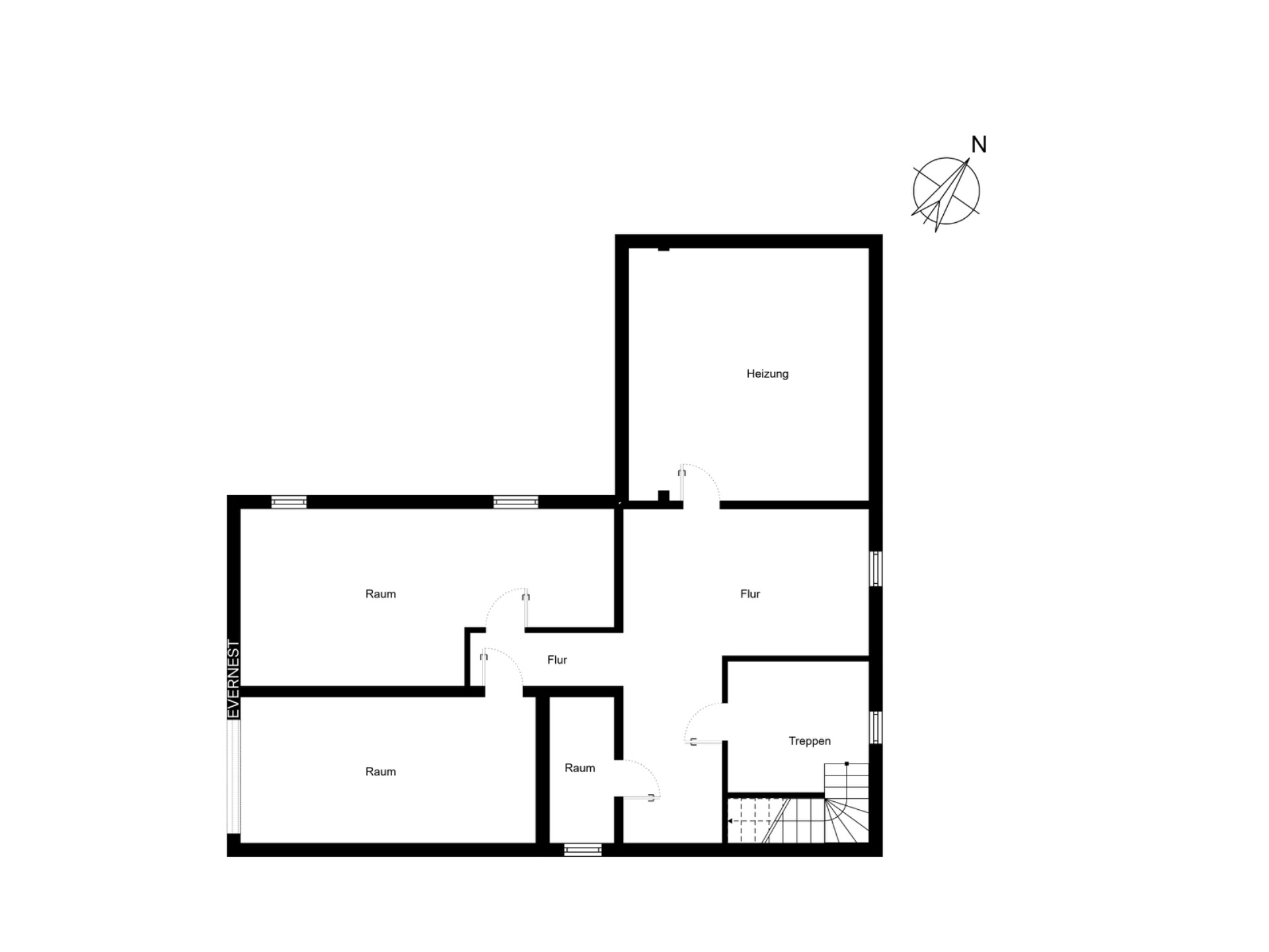 Grundriss mit drei Räumen, Heizungsraum, Fluren und Treppenbereich.
