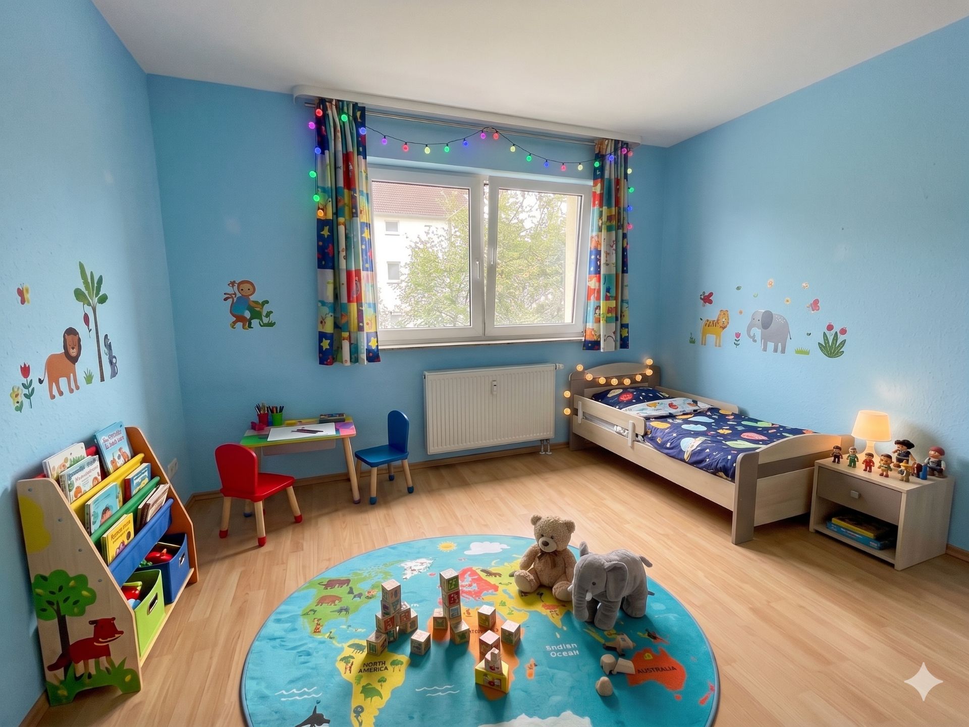 Helles Kinderzimmer mit blau gestrichenen Wänden, Spielteppich, kleinem Bett und bunten Vorhängen.