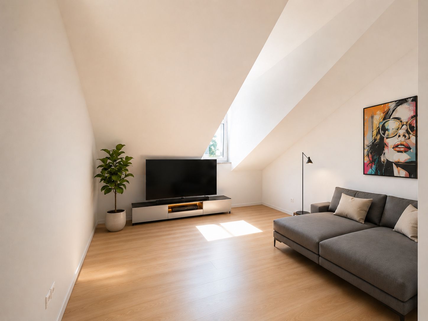 Helles Wohnzimmer mit schräger Decke, grauem Sofa, Fernseher, Pflanze und Wandbild.