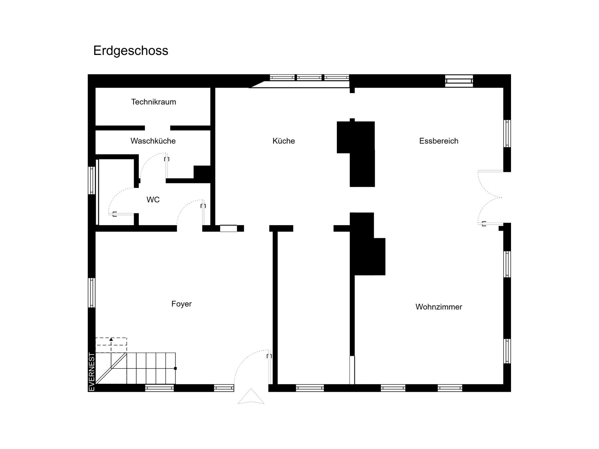 Grundriss des Erdgeschosses mit Küche, Essbereich, Wohnzimmer, Foyer, WC, Waschküche und Technikraum.