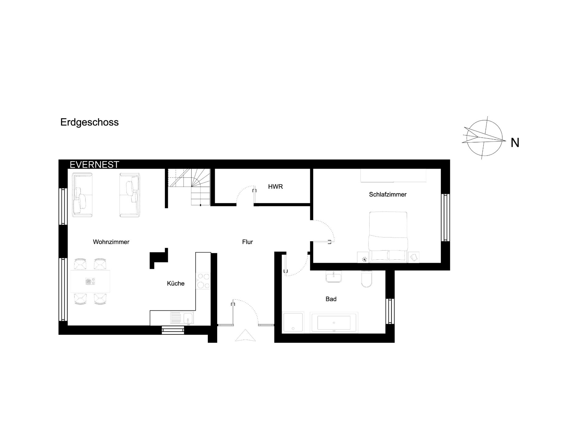 Grundriss des Erdgeschosses mit Wohnzimmer, Küche, Schlafzimmer, Bad, Flur und HWR.