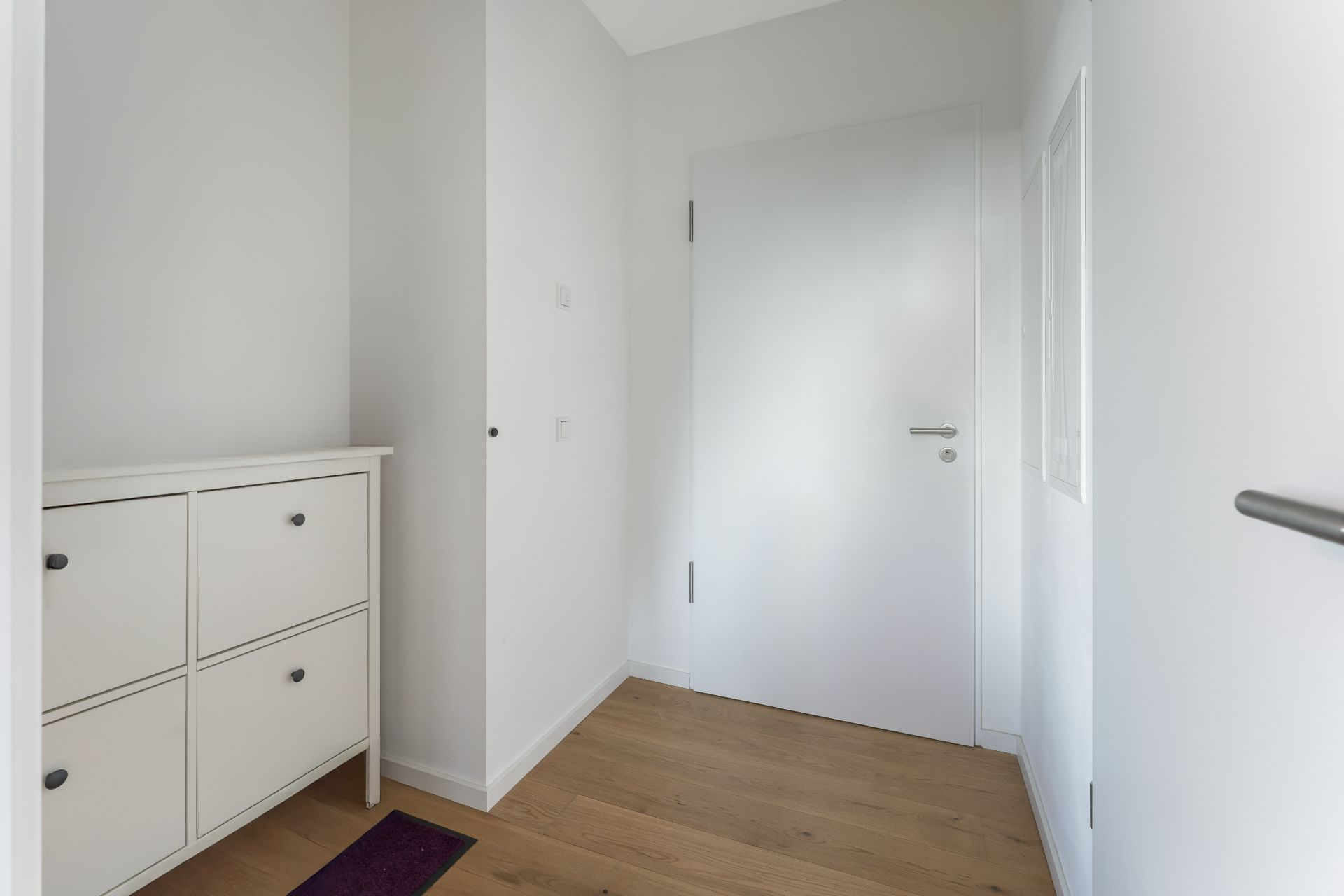 Heller Flur mit weißer Tür, Holzfußboden und weißem Schuhschrank.