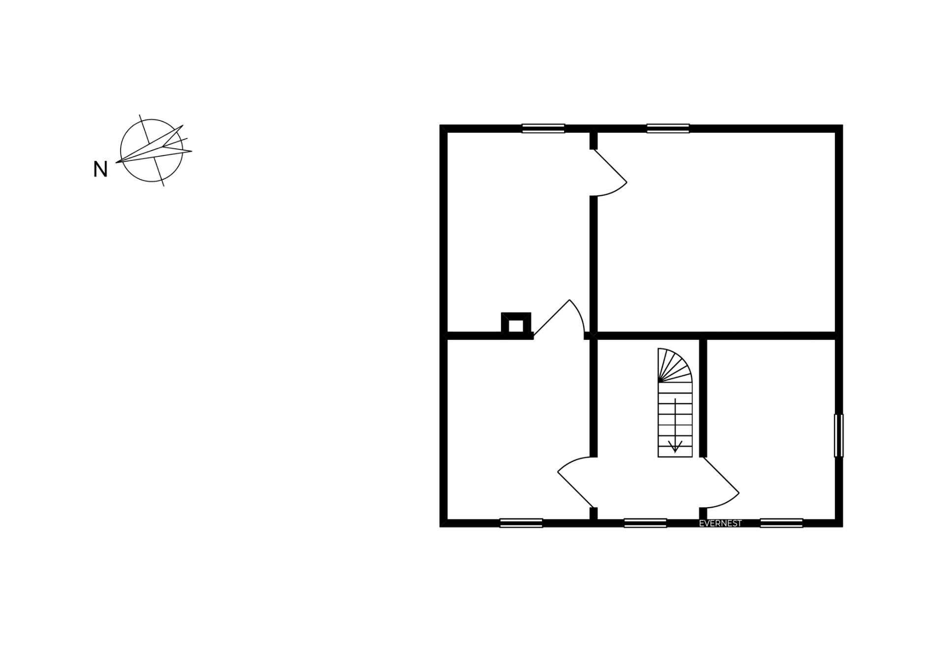 Schwarz-weißer Grundriss mit drei Räumen, Treppe und Norden-Kompass.