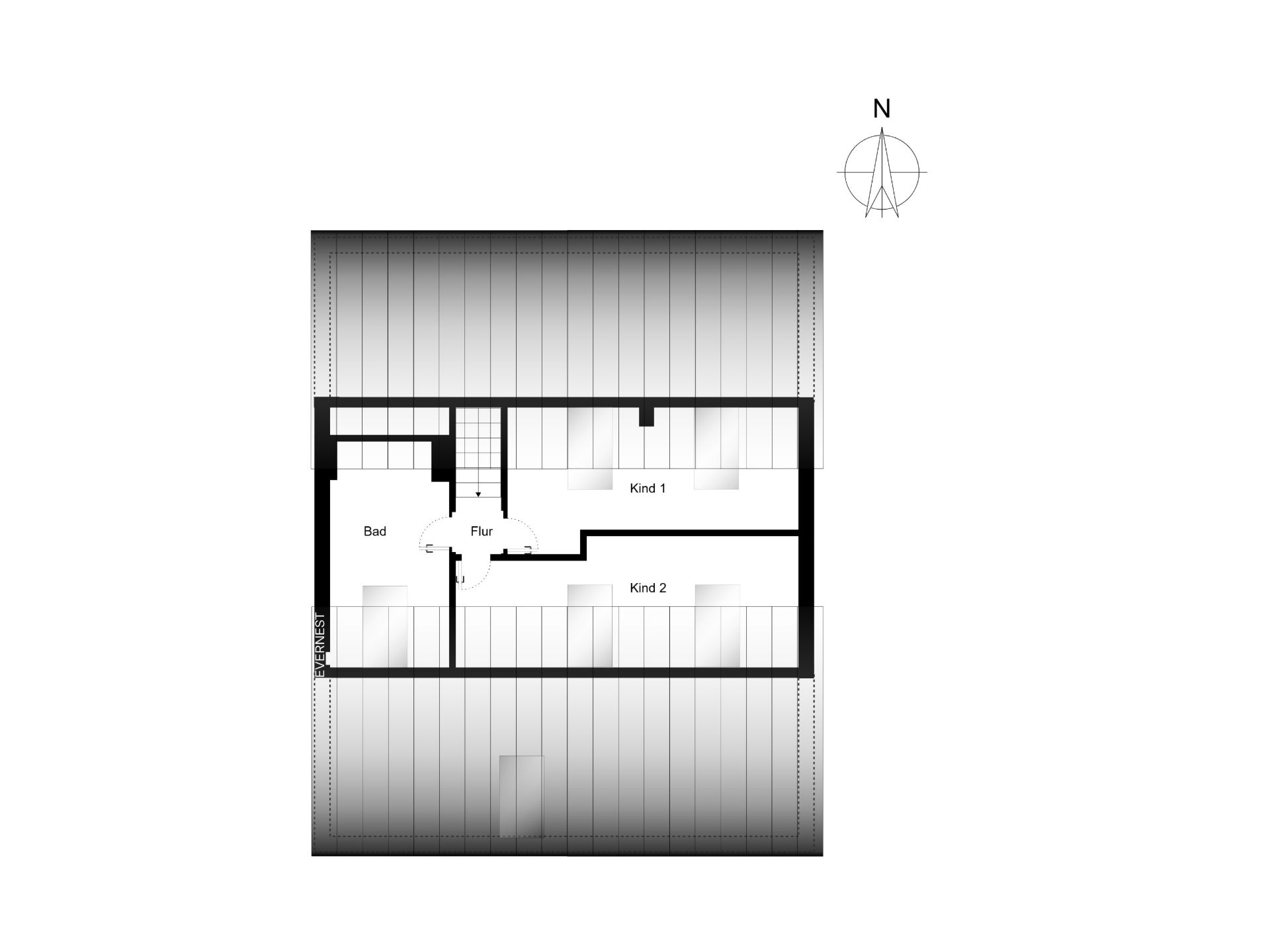 Grundriss zeigt Flur, Bad und zwei Kinderzimmer, mit Treppe auf der linken Seite.