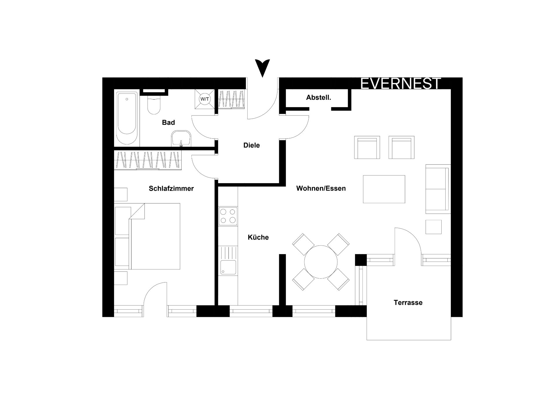 Grundriss einer Wohnung mit Schlafzimmer, Bad, Küche, Wohn-/Essbereich, Abstellraum und Terrasse.