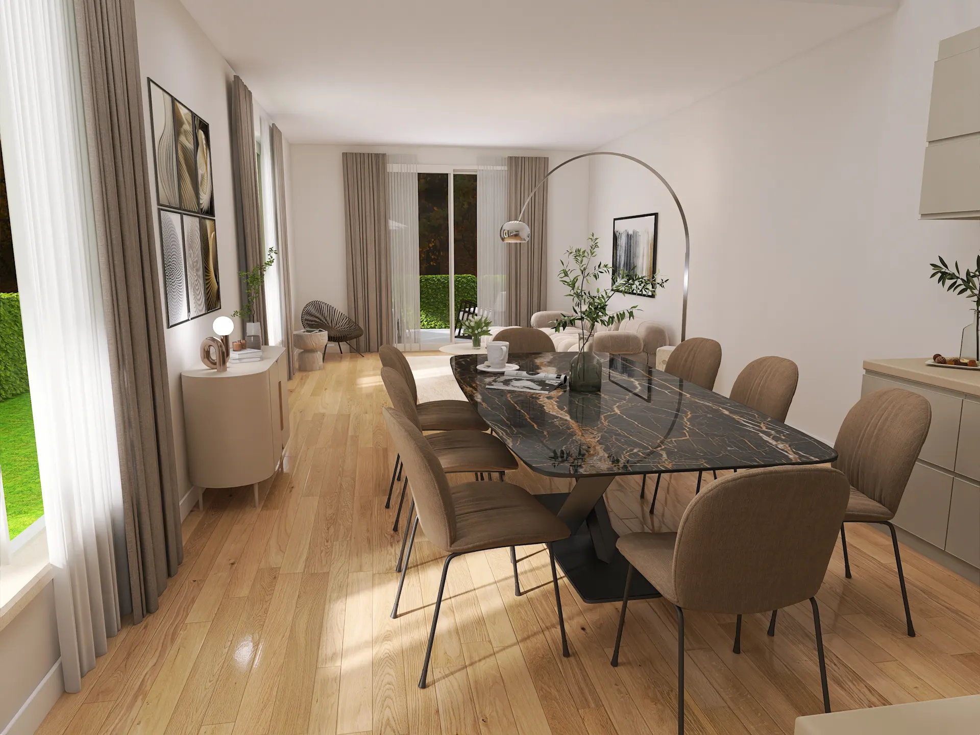 Esszimmer mit schwarzem Marmortisch, braunen Stühlen und großen Fenstern mit hellen Vorhängen.