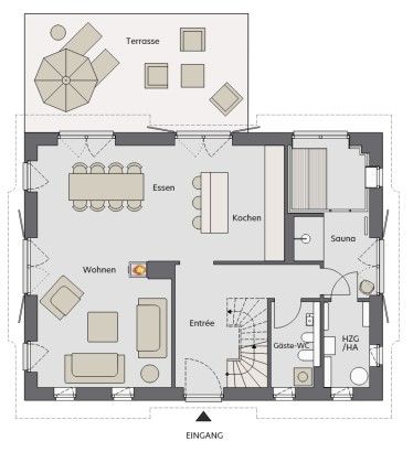 Grundriss eines Hauses mit Wohnzimmer, Essbereich, Küche, Sauna und Terrasse.