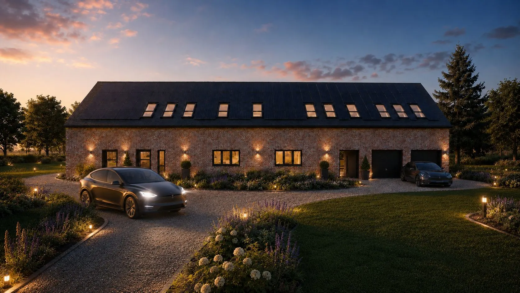 Backsteinwohnhaus mit vielen Fenstern, zwei geparkten Autos und beleuchtetem Gartenweg bei Abenddämmerung.