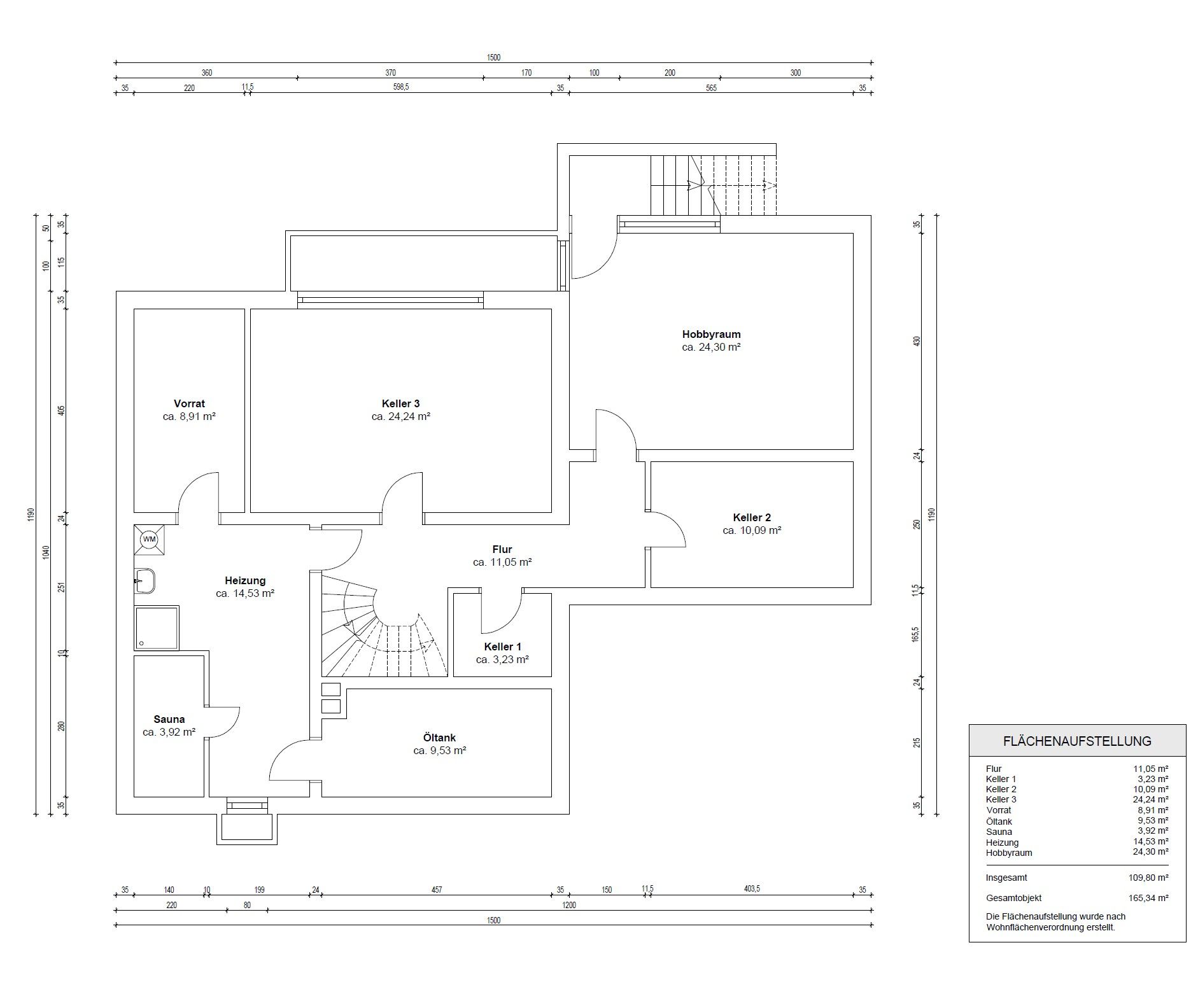 Grundriss eines Kellers mit Hobbyraum, Sauna, Vorrat, Heizung und drei Kellerräumen.