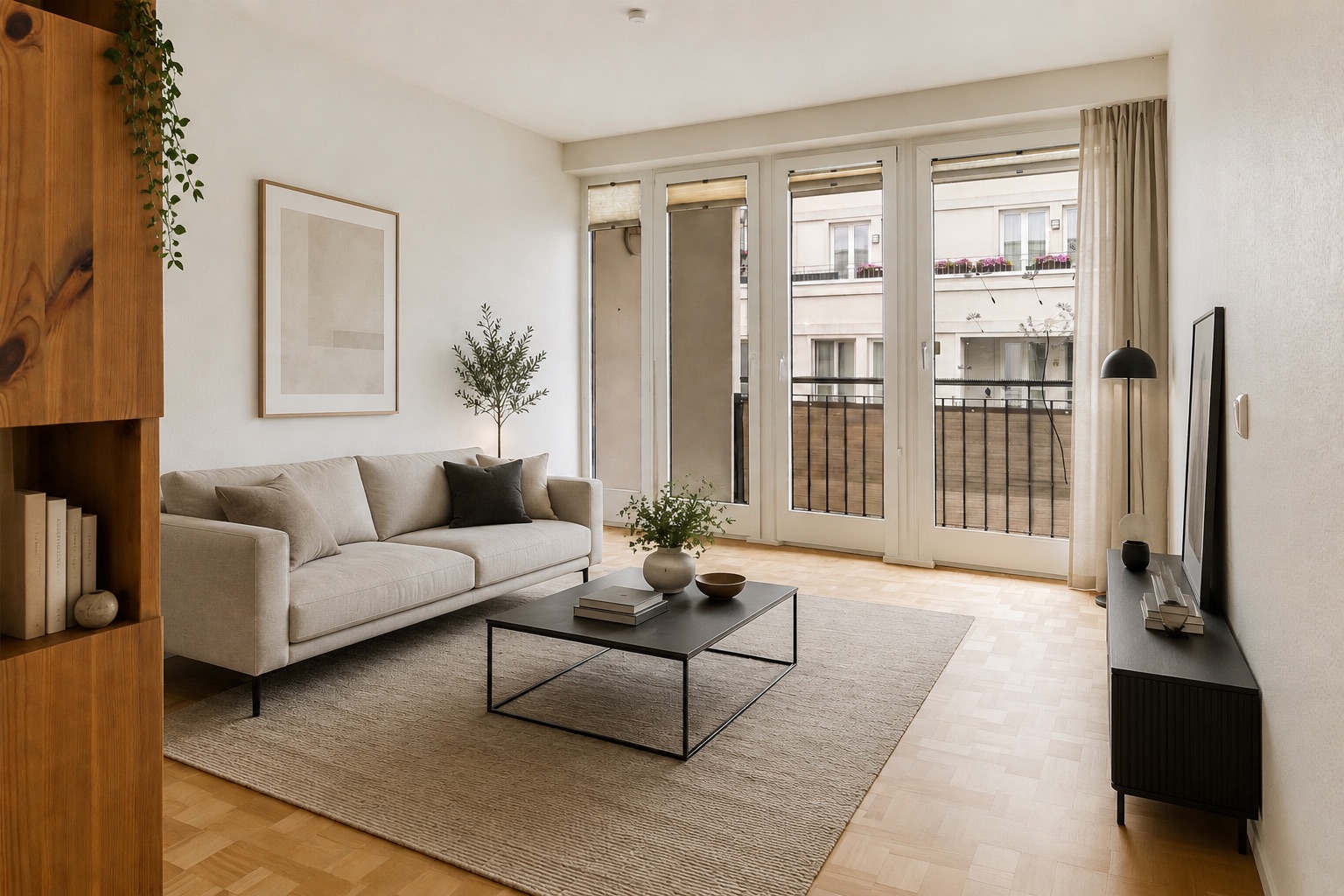 Modernes Wohnzimmer mit Sofa, Couchtisch, Regal und großen Fenstern zum Balkon.