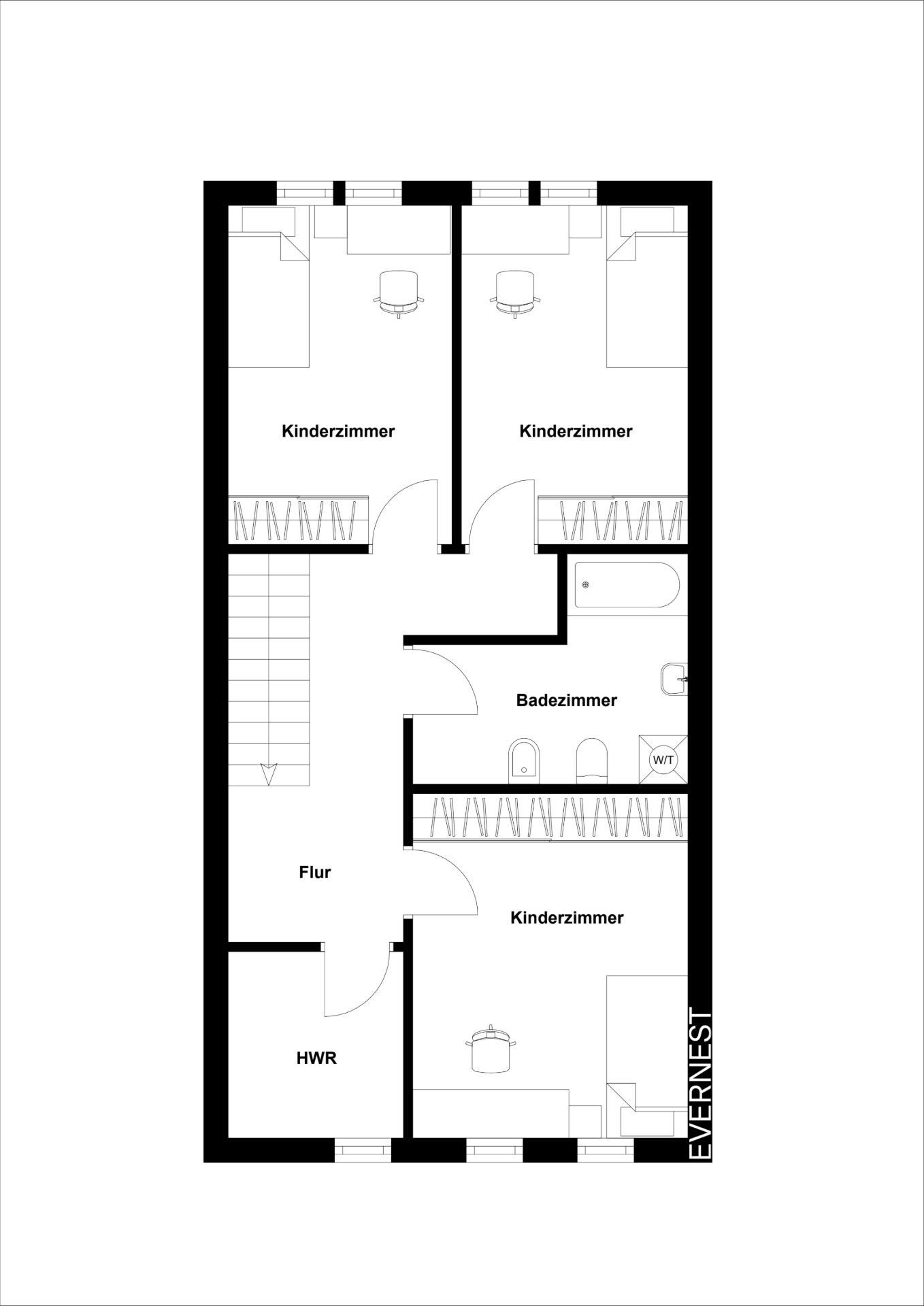 Grundriss mit drei Kinderzimmern, Badezimmer, Flur und HWR.