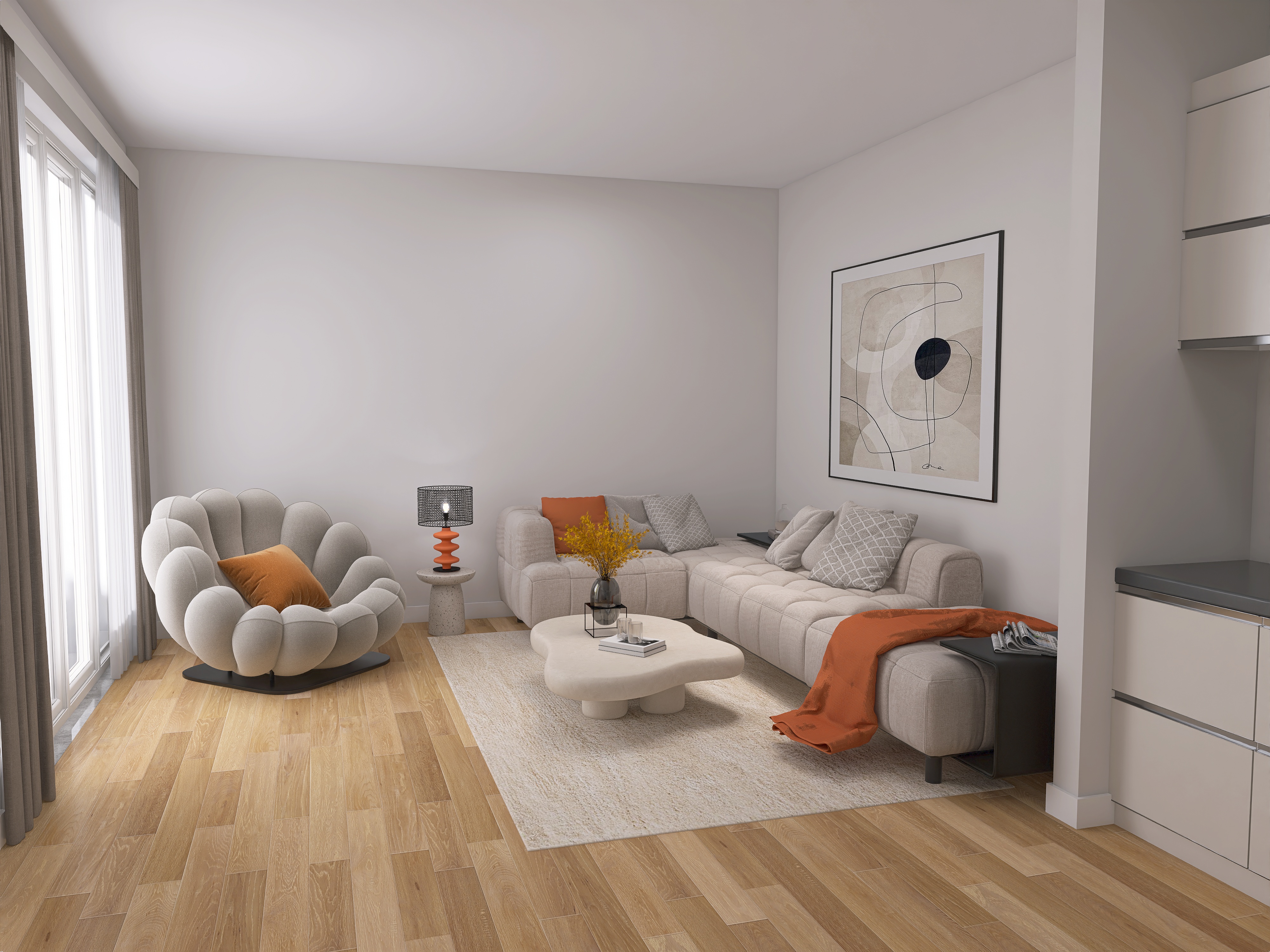 Modernes Wohnzimmer mit grauem Sessel, Sofa, Couchtisch, Teppich und Wandbild.