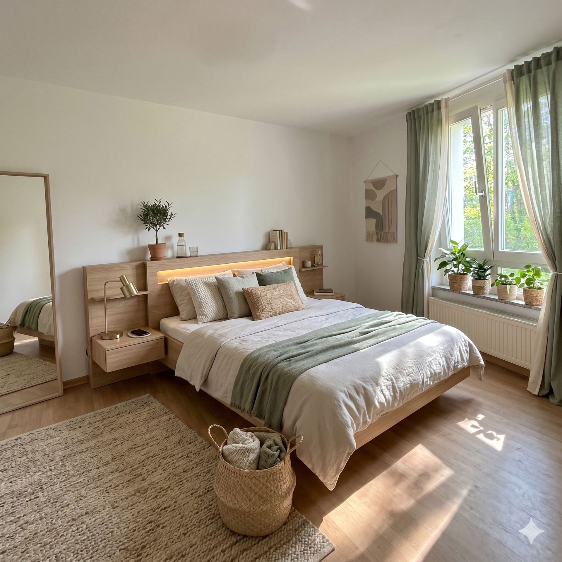 Helles Schlafzimmer mit großem Bett, Holzdetails, grünem Vorhang und Pflanzen auf der Fensterbank.
