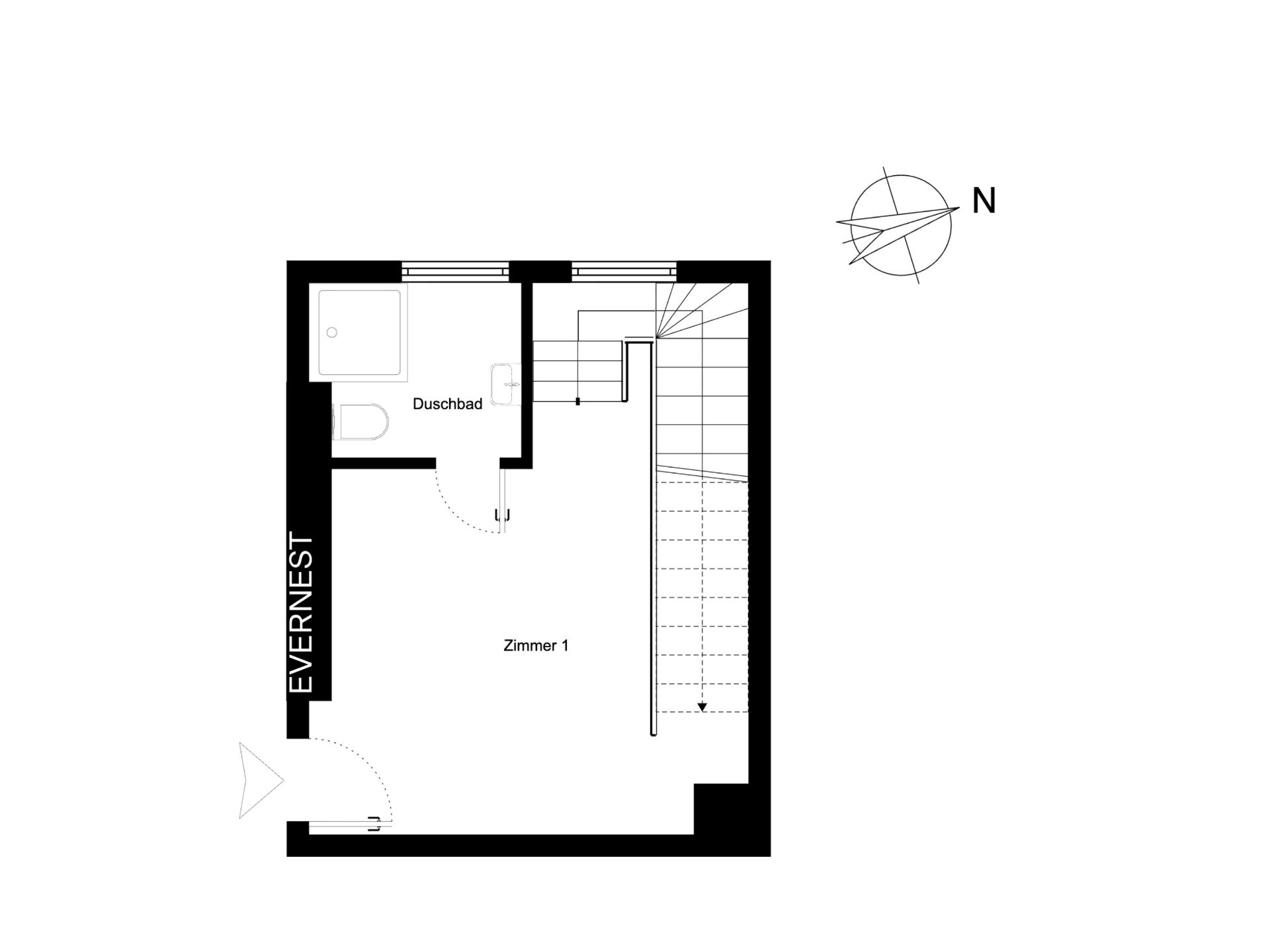 Grundriss mit Zimmer, Duschbad und Treppe. Eingang links, Treppe rechts.