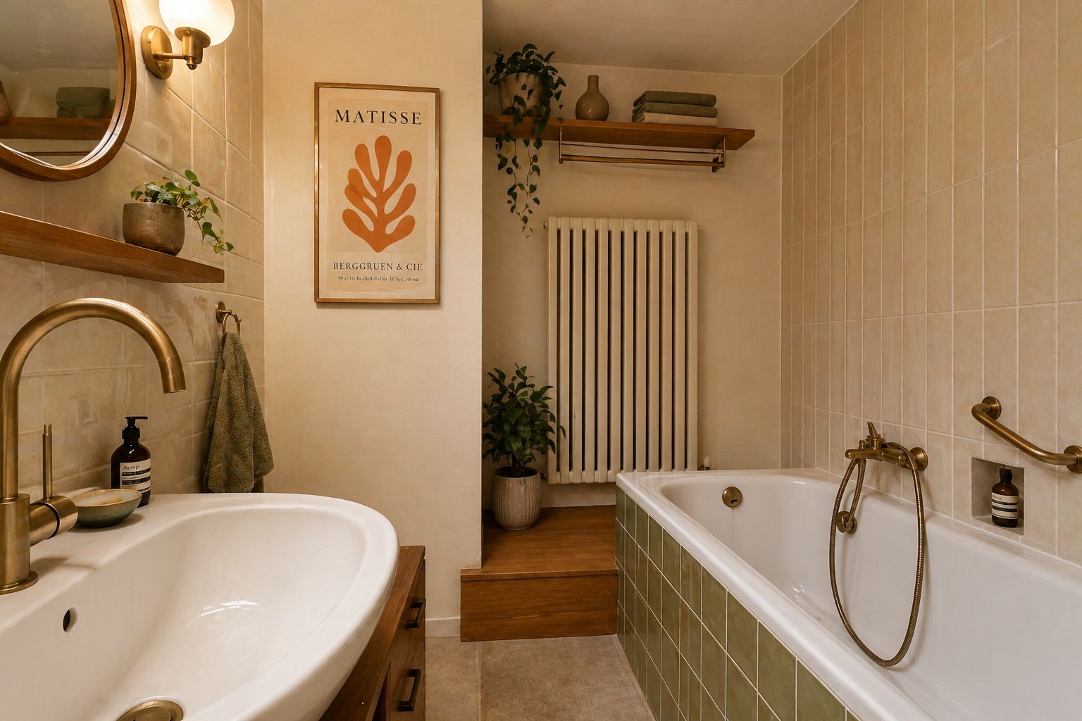 Modernes Badezimmer mit Badewanne, Waschbecken, Pflanzen und Wandbild.