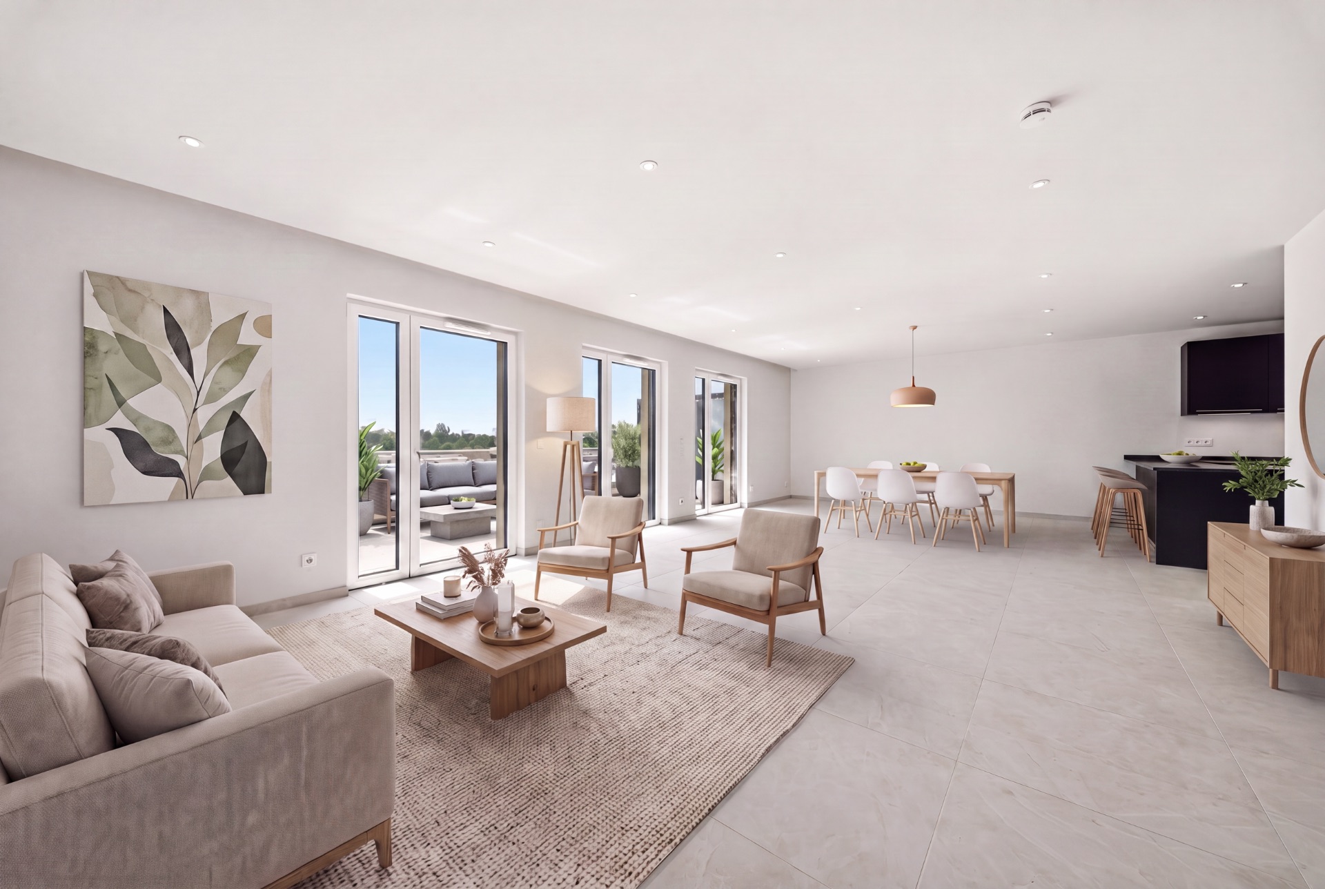 Helles, modernes Wohnzimmer mit Sofa, Sesseln, Esstisch und offener Küche, große Fenster zur Terrasse.